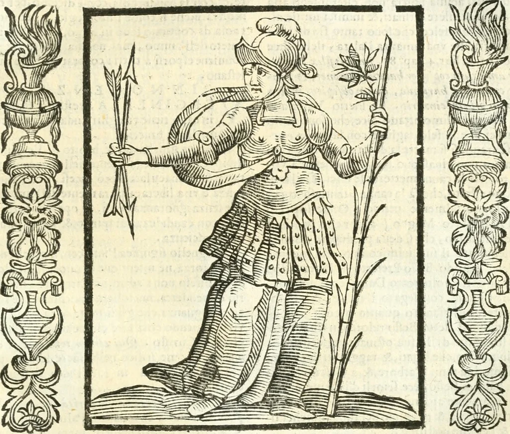 An illustration from Noua iconologia di Cesare Ripa perugino, caualier de SS. Mauritio & Lazzaro. Nella quale si descriuono diuerse imagini di virtù, vitij, affetti, passioni humane, arti, discipline, humori, elementi, corpi celesti, prouincie d'Italia, fiumi, tutte le parti del mondo, ed'altre infinite materie. Opera vtile ad oratori, predicatori, poeti, pittori, scultori, disegnatori, e ad'ogni studioso. Per inuentar concetti, emblemi, ed imprese, per diuisare qualsiuoglia apparato nuttiale, funerale, trionfale. Per rappresentar poemi drammatici, e per figurare co'suoi propij simboli ciò, che puo cadere in pensiero humano. Ampliata vltimamente dallo stesso auttore di trecento imagini, e arricchita di molti discorsi pieni di varia eruditione; con nuoui intagli, & con molti indici copiosi, 1618, leaf 312