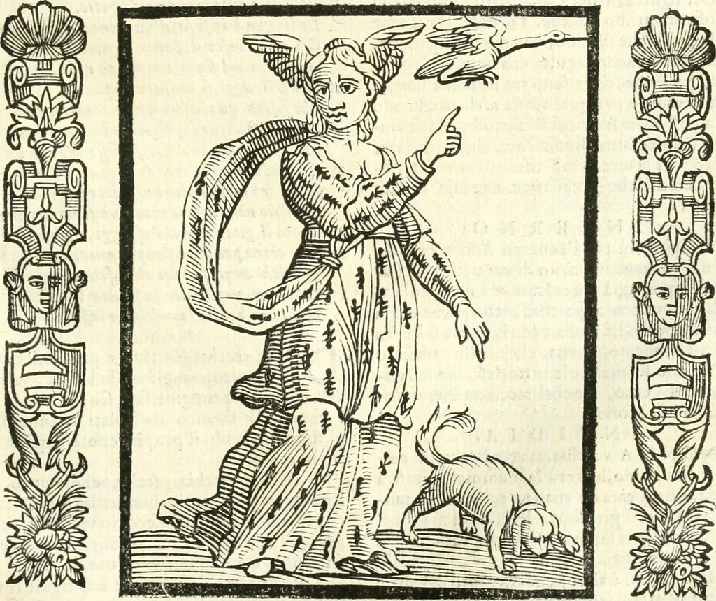 An illustration from Noua iconologia di Cesare Ripa perugino, caualier de SS. Mauritio & Lazzaro. Nella quale si descriuono diuerse imagini di virtù, vitij, affetti, passioni humane, arti, discipline, humori, elementi, corpi celesti, prouincie d'Italia, fiumi, tutte le parti del mondo, ed'altre infinite materie. Opera vtile ad oratori, predicatori, poeti, pittori, scultori, disegnatori, e ad'ogni studioso. Per inuentar concetti, emblemi, ed imprese, per diuisare qualsiuoglia apparato nuttiale, funerale, trionfale. Per rappresentar poemi drammatici, e per figurare co'suoi propij simboli ciò, che puo cadere in pensiero humano. Ampliata vltimamente dallo stesso auttore di trecento imagini, e arricchita di molti discorsi pieni di varia eruditione; con nuoui intagli, & con molti indici copiosi, 1618, leaf 318