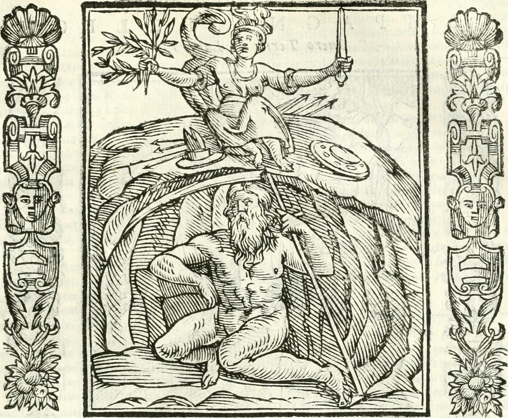 An illustration from Noua iconologia di Cesare Ripa perugino, caualier de SS. Mauritio & Lazzaro. Nella quale si descriuono diuerse imagini di virtù, vitij, affetti, passioni humane, arti, discipline, humori, elementi, corpi celesti, prouincie d'Italia, fiumi, tutte le parti del mondo, ed'altre infinite materie. Opera vtile ad oratori, predicatori, poeti, pittori, scultori, disegnatori, e ad'ogni studioso. Per inuentar concetti, emblemi, ed imprese, per diuisare qualsiuoglia apparato nuttiale, funerale, trionfale. Per rappresentar poemi drammatici, e per figurare co'suoi propij simboli ciò, che puo cadere in pensiero humano. Ampliata vltimamente dallo stesso auttore di trecento imagini, e arricchita di molti discorsi pieni di varia eruditione; con nuoui intagli, & con molti indici copiosi, 1618, leaf 334