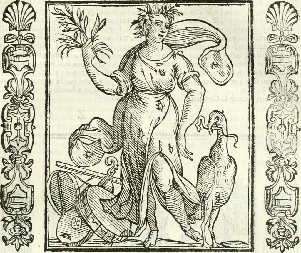 An illustration from Noua iconologia di Cesare Ripa perugino, caualier de SS. Mauritio & Lazzaro. Nella quale si descriuono diuerse imagini di virtù, vitij, affetti, passioni humane, arti, discipline, humori, elementi, corpi celesti, prouincie d'Italia, fiumi, tutte le parti del mondo, ed'altre infinite materie. Opera vtile ad oratori, predicatori, poeti, pittori, scultori, disegnatori, e ad'ogni studioso. Per inuentar concetti, emblemi, ed imprese, per diuisare qualsiuoglia apparato nuttiale, funerale, trionfale. Per rappresentar poemi drammatici, e per figurare co'suoi propij simboli ciò, che puo cadere in pensiero humano. Ampliata vltimamente dallo stesso auttore di trecento imagini, e arricchita di molti discorsi pieni di varia eruditione; con nuoui intagli, & con molti indici copiosi, 1618, leaf 338