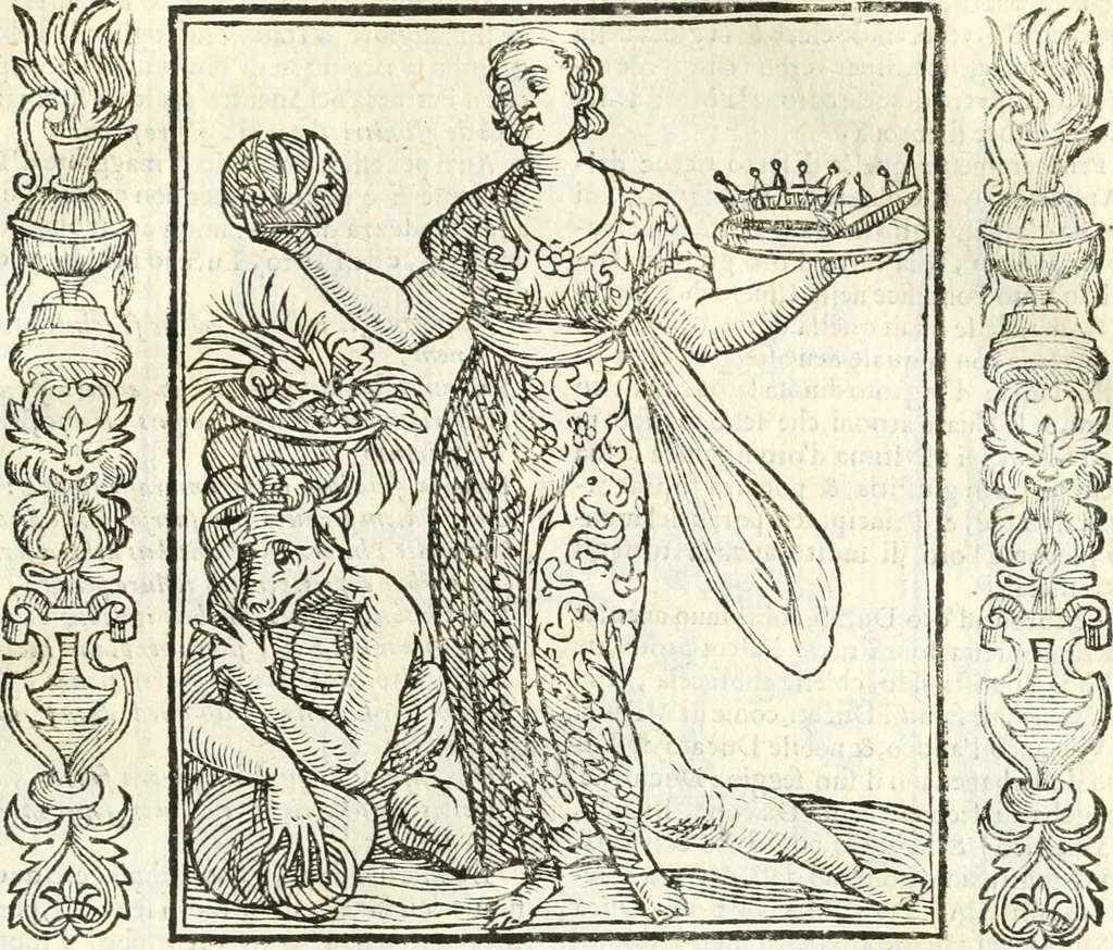 An illustration from Noua iconologia di Cesare Ripa perugino, caualier de SS. Mauritio & Lazzaro. Nella quale si descriuono diuerse imagini di virtù, vitij, affetti, passioni humane, arti, discipline, humori, elementi, corpi celesti, prouincie d'Italia, fiumi, tutte le parti del mondo, ed'altre infinite materie. Opera vtile ad oratori, predicatori, poeti, pittori, scultori, disegnatori, e ad'ogni studioso. Per inuentar concetti, emblemi, ed imprese, per diuisare qualsiuoglia apparato nuttiale, funerale, trionfale. Per rappresentar poemi drammatici, e per figurare co'suoi propij simboli ciò, che puo cadere in pensiero humano. Ampliata vltimamente dallo stesso auttore di trecento imagini, e arricchita di molti discorsi pieni di varia eruditione; con nuoui intagli, & con molti indici copiosi, 1618, leaf 344