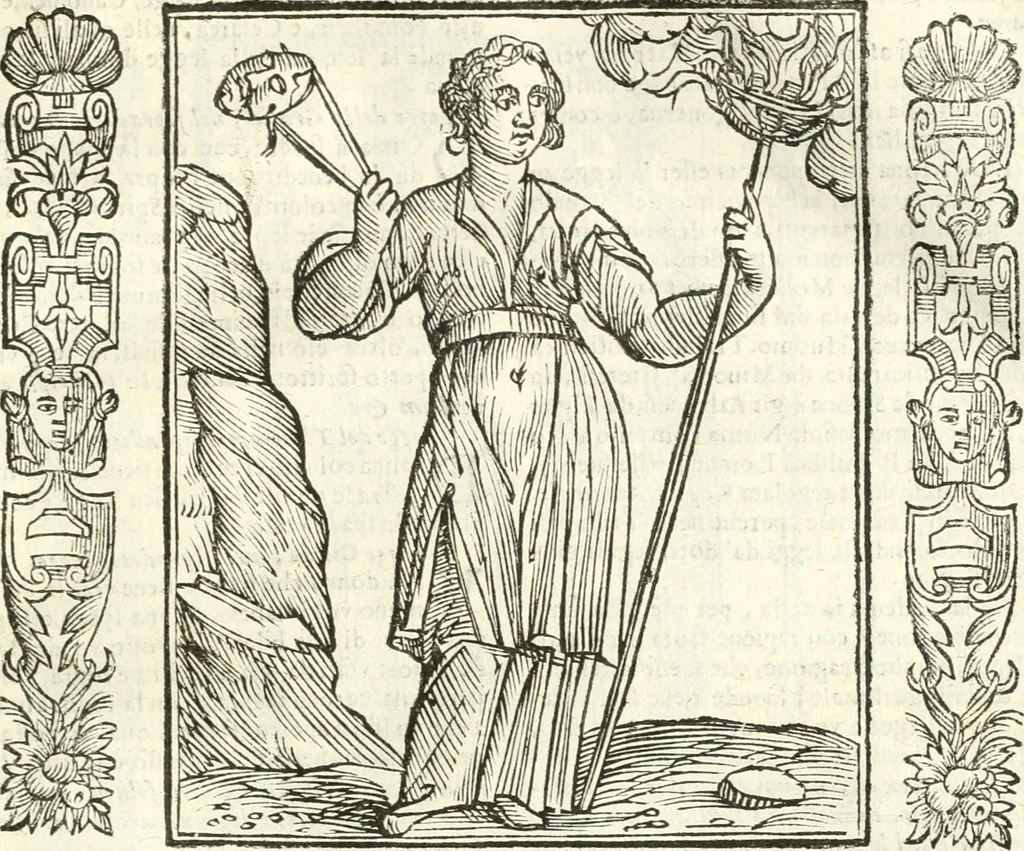 An illustration from Noua iconologia di Cesare Ripa perugino, caualier de SS. Mauritio & Lazzaro. Nella quale si descriuono diuerse imagini di virtù, vitij, affetti, passioni humane, arti, discipline, humori, elementi, corpi celesti, prouincie d'Italia, fiumi, tutte le parti del mondo, ed'altre infinite materie. Opera vtile ad oratori, predicatori, poeti, pittori, scultori, disegnatori, e ad'ogni studioso. Per inuentar concetti, emblemi, ed imprese, per diuisare qualsiuoglia apparato nuttiale, funerale, trionfale. Per rappresentar poemi drammatici, e per figurare co'suoi propij simboli ciò, che puo cadere in pensiero humano. Ampliata vltimamente dallo stesso auttore di trecento imagini, e arricchita di molti discorsi pieni di varia eruditione; con nuoui intagli, & con molti indici copiosi, 1618, leaf 356