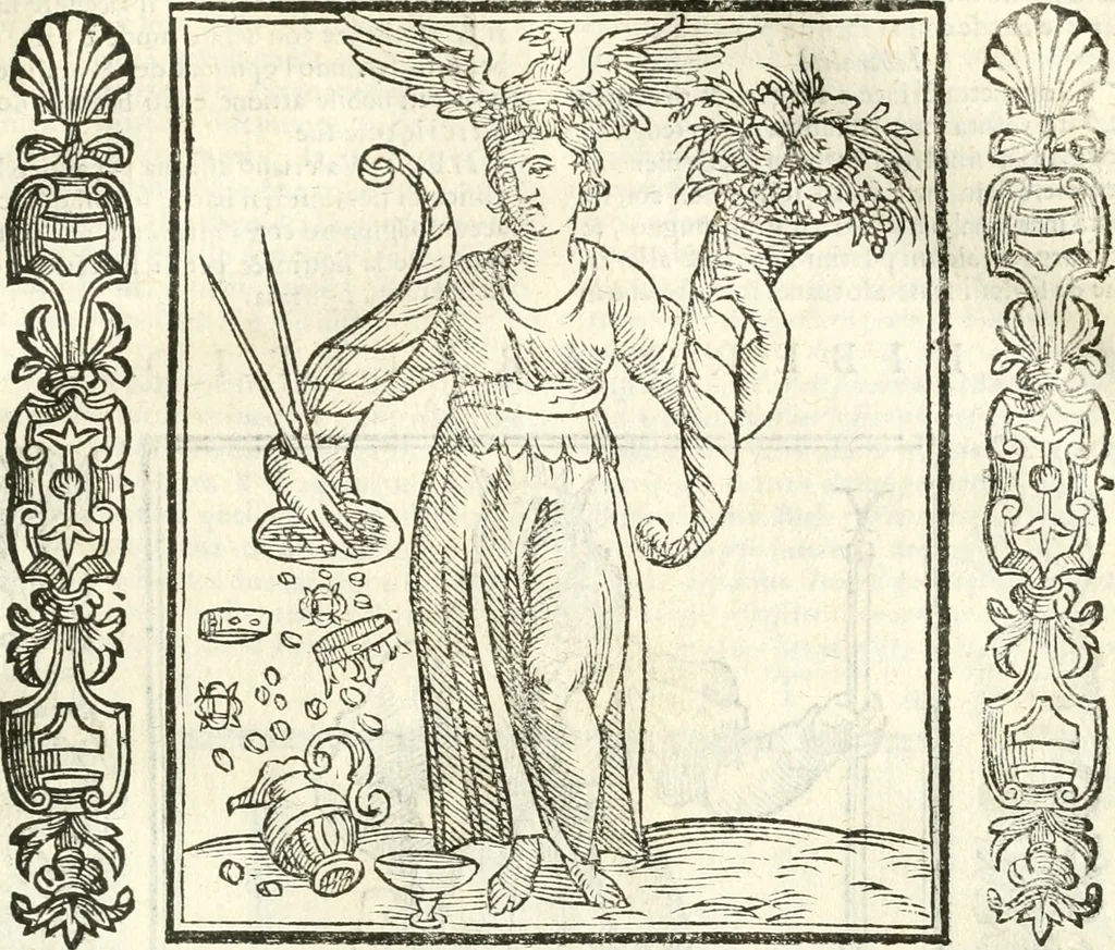 An illustration from Noua iconologia di Cesare Ripa perugino, caualier de SS. Mauritio & Lazzaro. Nella quale si descriuono diuerse imagini di virtù, vitij, affetti, passioni humane, arti, discipline, humori, elementi, corpi celesti, prouincie d'Italia, fiumi, tutte le parti del mondo, ed'altre infinite materie. Opera vtile ad oratori, predicatori, poeti, pittori, scultori, disegnatori, e ad'ogni studioso. Per inuentar concetti, emblemi, ed imprese, per diuisare qualsiuoglia apparato nuttiale, funerale, trionfale. Per rappresentar poemi drammatici, e per figurare co'suoi propij simboli ciò, che puo cadere in pensiero humano. Ampliata vltimamente dallo stesso auttore di trecento imagini, e arricchita di molti discorsi pieni di varia eruditione; con nuoui intagli, & con molti indici copiosi, 1618, leaf 360