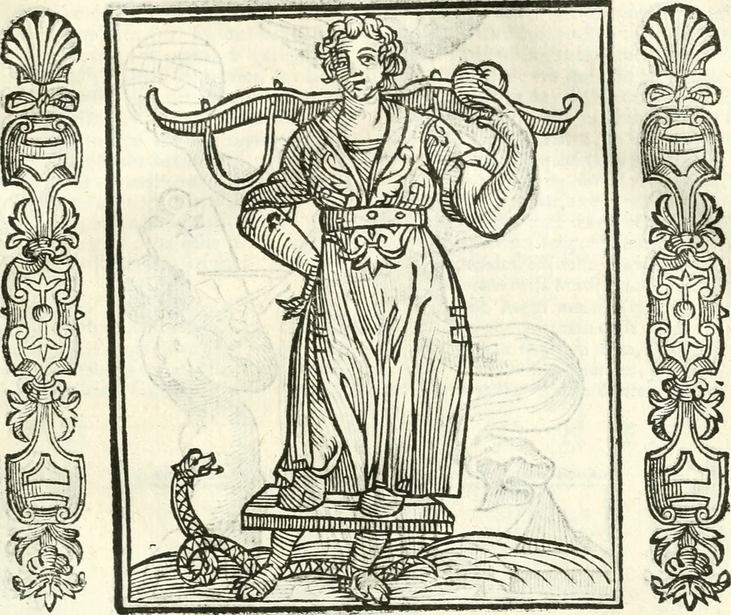An illustration from Noua iconologia di Cesare Ripa perugino, caualier de SS. Mauritio & Lazzaro. Nella quale si descriuono diuerse imagini di virtù, vitij, affetti, passioni humane, arti, discipline, humori, elementi, corpi celesti, prouincie d'Italia, fiumi, tutte le parti del mondo, ed'altre infinite materie. Opera vtile ad oratori, predicatori, poeti, pittori, scultori, disegnatori, e ad'ogni studioso. Per inuentar concetti, emblemi, ed imprese, per diuisare qualsiuoglia apparato nuttiale, funerale, trionfale. Per rappresentar poemi drammatici, e per figurare co'suoi propij simboli ciò, che puo cadere in pensiero humano. Ampliata vltimamente dallo stesso auttore di trecento imagini, e arricchita di molti discorsi pieni di varia eruditione; con nuoui intagli, & con molti indici copiosi, 1618, leaf 372