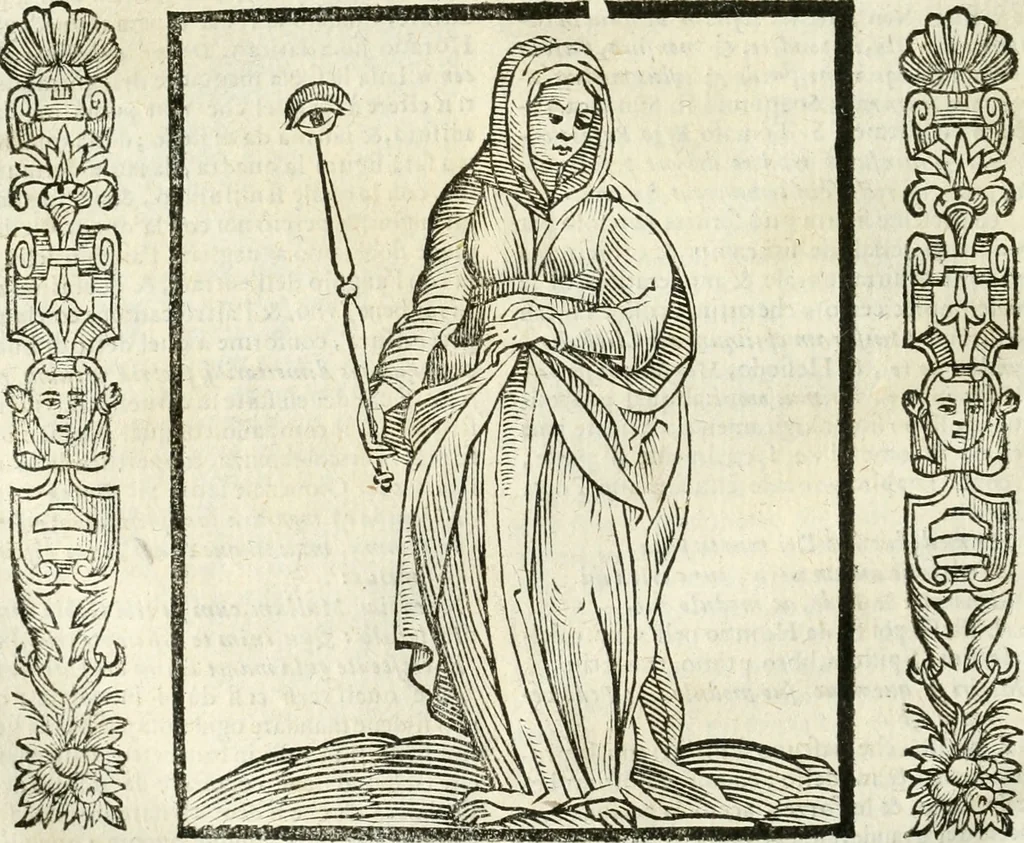 An illustration from Noua iconologia di Cesare Ripa perugino, caualier de SS. Mauritio & Lazzaro. Nella quale si descriuono diuerse imagini di virtù, vitij, affetti, passioni humane, arti, discipline, humori, elementi, corpi celesti, prouincie d'Italia, fiumi, tutte le parti del mondo, ed'altre infinite materie. Opera vtile ad oratori, predicatori, poeti, pittori, scultori, disegnatori, e ad'ogni studioso. Per inuentar concetti, emblemi, ed imprese, per diuisare qualsiuoglia apparato nuttiale, funerale, trionfale. Per rappresentar poemi drammatici, e per figurare co'suoi propij simboli ciò, che puo cadere in pensiero humano. Ampliata vltimamente dallo stesso auttore di trecento imagini, e arricchita di molti discorsi pieni di varia eruditione; con nuoui intagli, & con molti indici copiosi, 1618, leaf 397