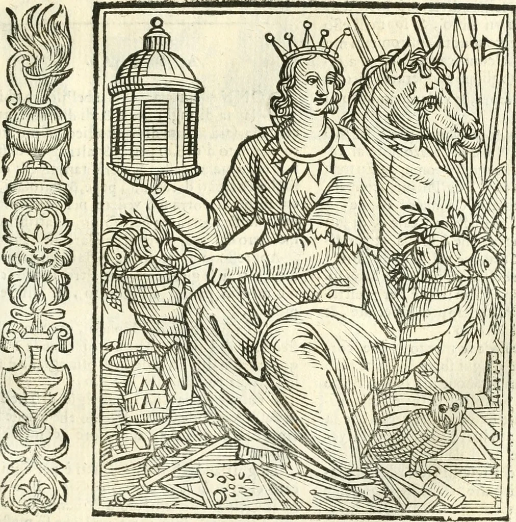 An illustration from Noua iconologia di Cesare Ripa perugino, caualier de SS. Mauritio & Lazzaro. Nella quale si descriuono diuerse imagini di virtù, vitij, affetti, passioni humane, arti, discipline, humori, elementi, corpi celesti, prouincie d'Italia, fiumi, tutte le parti del mondo, ed'altre infinite materie. Opera vtile ad oratori, predicatori, poeti, pittori, scultori, disegnatori, e ad'ogni studioso. Per inuentar concetti, emblemi, ed imprese, per diuisare qualsiuoglia apparato nuttiale, funerale, trionfale. Per rappresentar poemi drammatici, e per figurare co'suoi propij simboli ciò, che puo cadere in pensiero humano. Ampliata vltimamente dallo stesso auttore di trecento imagini, e arricchita di molti discorsi pieni di varia eruditione; con nuoui intagli, & con molti indici copiosi, 1618, leaf 400