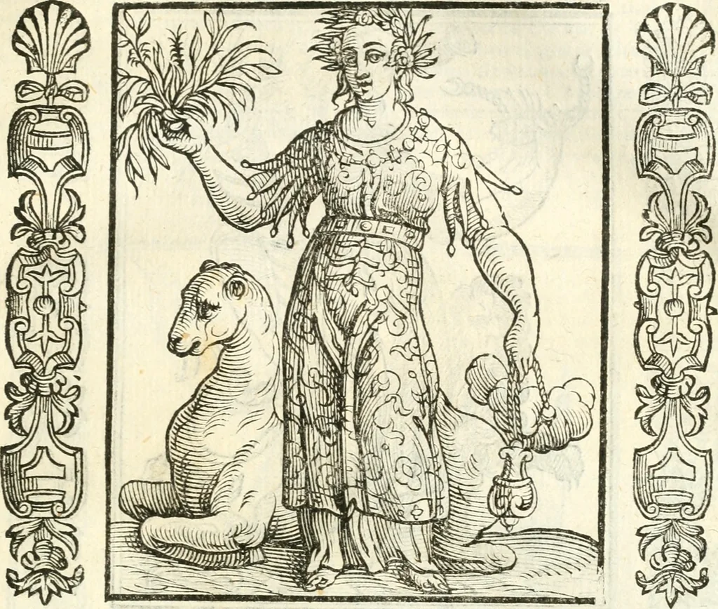 An illustration from Noua iconologia di Cesare Ripa perugino, caualier de SS. Mauritio & Lazzaro. Nella quale si descriuono diuerse imagini di virtù, vitij, affetti, passioni humane, arti, discipline, humori, elementi, corpi celesti, prouincie d'Italia, fiumi, tutte le parti del mondo, ed'altre infinite materie. Opera vtile ad oratori, predicatori, poeti, pittori, scultori, disegnatori, e ad'ogni studioso. Per inuentar concetti, emblemi, ed imprese, per diuisare qualsiuoglia apparato nuttiale, funerale, trionfale. Per rappresentar poemi drammatici, e per figurare co'suoi propij simboli ciò, che puo cadere in pensiero humano. Ampliata vltimamente dallo stesso auttore di trecento imagini, e arricchita di molti discorsi pieni di varia eruditione; con nuoui intagli, & con molti indici copiosi, 1618, leaf 402