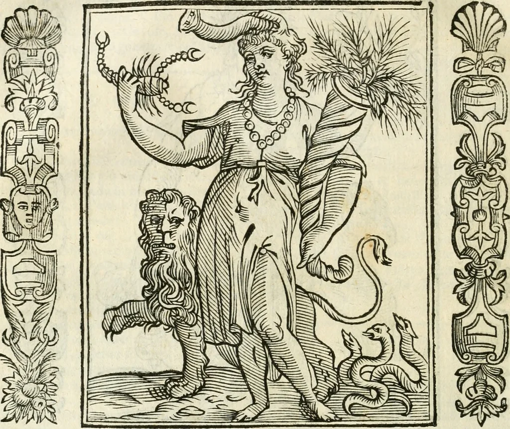 An illustration from Noua iconologia di Cesare Ripa perugino, caualier de SS. Mauritio & Lazzaro. Nella quale si descriuono diuerse imagini di virtù, vitij, affetti, passioni humane, arti, discipline, humori, elementi, corpi celesti, prouincie d'Italia, fiumi, tutte le parti del mondo, ed'altre infinite materie. Opera vtile ad oratori, predicatori, poeti, pittori, scultori, disegnatori, e ad'ogni studioso. Per inuentar concetti, emblemi, ed imprese, per diuisare qualsiuoglia apparato nuttiale, funerale, trionfale. Per rappresentar poemi drammatici, e per figurare co'suoi propij simboli ciò, che puo cadere in pensiero humano. Ampliata vltimamente dallo stesso auttore di trecento imagini, e arricchita di molti discorsi pieni di varia eruditione; con nuoui intagli, & con molti indici copiosi, 1618, leaf 403