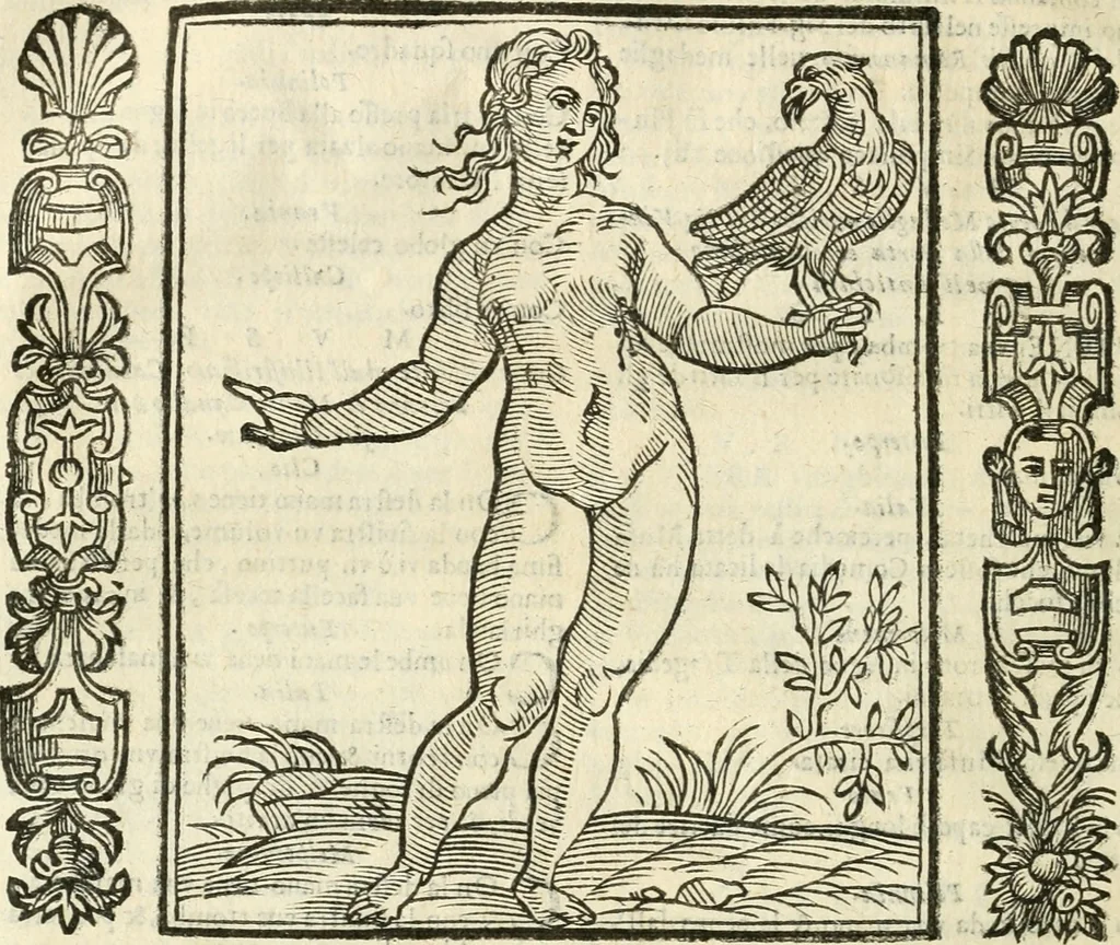 An illustration from Noua iconologia di Cesare Ripa perugino, caualier de SS. Mauritio & Lazzaro. Nella quale si descriuono diuerse imagini di virtù, vitij, affetti, passioni humane, arti, discipline, humori, elementi, corpi celesti, prouincie d'Italia, fiumi, tutte le parti del mondo, ed'altre infinite materie. Opera vtile ad oratori, predicatori, poeti, pittori, scultori, disegnatori, e ad'ogni studioso. Per inuentar concetti, emblemi, ed imprese, per diuisare qualsiuoglia apparato nuttiale, funerale, trionfale. Per rappresentar poemi drammatici, e per figurare co'suoi propij simboli ciò, che puo cadere in pensiero humano. Ampliata vltimamente dallo stesso auttore di trecento imagini, e arricchita di molti discorsi pieni di varia eruditione; con nuoui intagli, & con molti indici copiosi, 1618, leaf 413