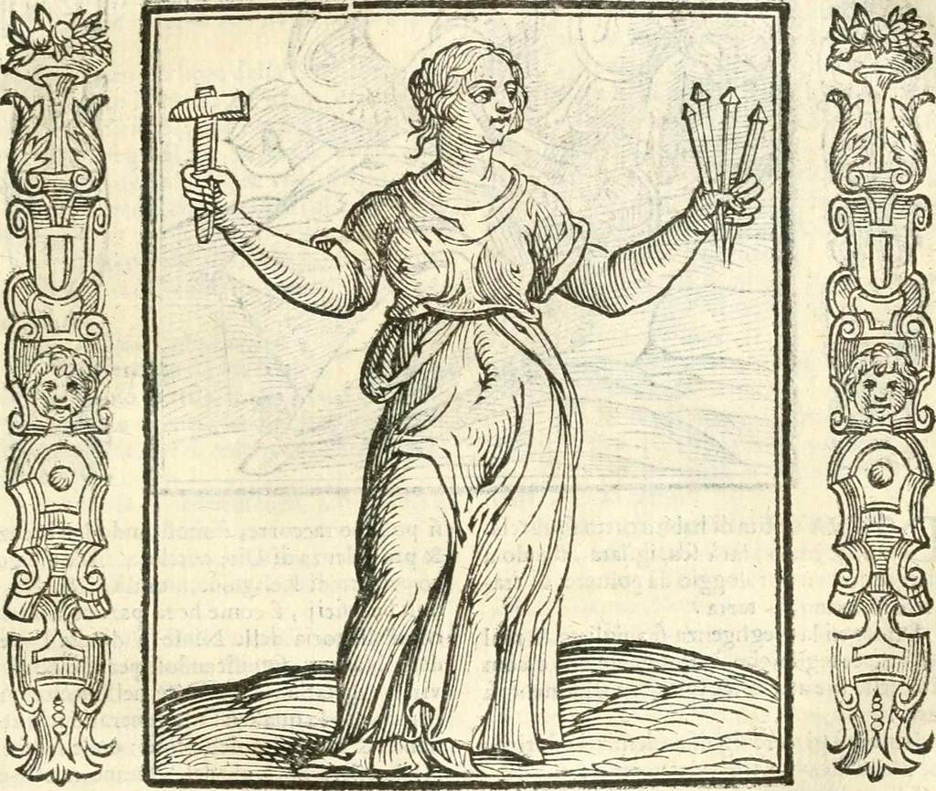An illustration from Noua iconologia di Cesare Ripa perugino, caualier de SS. Mauritio & Lazzaro. Nella quale si descriuono diuerse imagini di virtù, vitij, affetti, passioni humane, arti, discipline, humori, elementi, corpi celesti, prouincie d'Italia, fiumi, tutte le parti del mondo, ed'altre infinite materie. Opera vtile ad oratori, predicatori, poeti, pittori, scultori, disegnatori, e ad'ogni studioso. Per inuentar concetti, emblemi, ed imprese, per diuisare qualsiuoglia apparato nuttiale, funerale, trionfale. Per rappresentar poemi drammatici, e per figurare co'suoi propij simboli ciò, che puo cadere in pensiero humano. Ampliata vltimamente dallo stesso auttore di trecento imagini, e arricchita di molti discorsi pieni di varia eruditione; con nuoui intagli, & con molti indici copiosi, 1618, leaf 414
