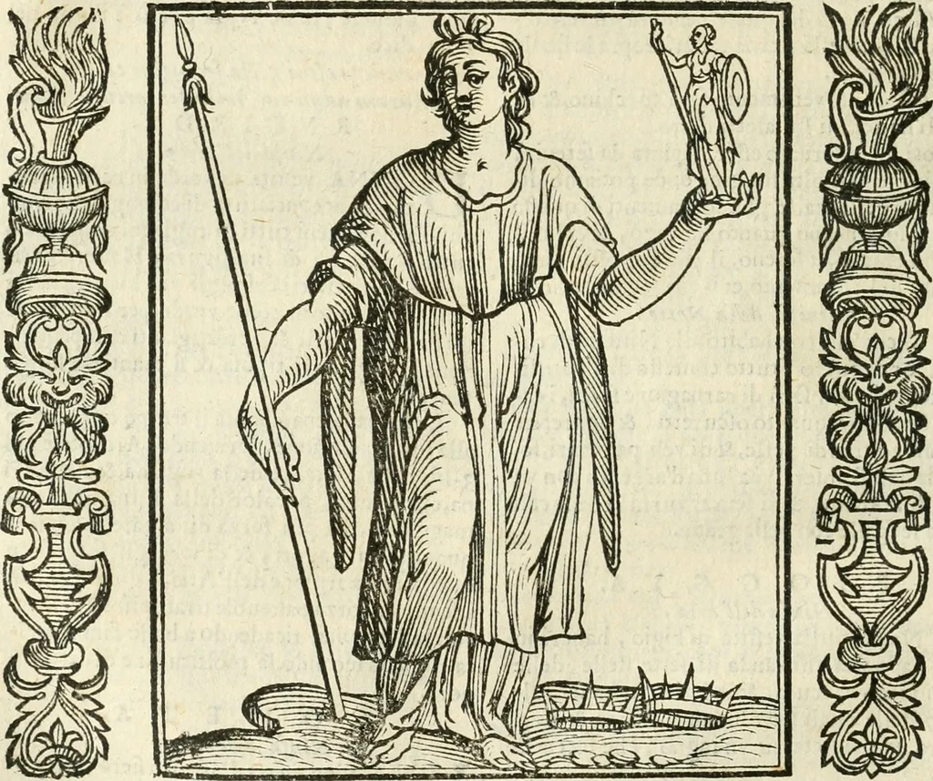 An illustration from Noua iconologia di Cesare Ripa perugino, caualier de SS. Mauritio & Lazzaro. Nella quale si descriuono diuerse imagini di virtù, vitij, affetti, passioni humane, arti, discipline, humori, elementi, corpi celesti, prouincie d'Italia, fiumi, tutte le parti del mondo, ed'altre infinite materie. Opera vtile ad oratori, predicatori, poeti, pittori, scultori, disegnatori, e ad'ogni studioso. Per inuentar concetti, emblemi, ed imprese, per diuisare qualsiuoglia apparato nuttiale, funerale, trionfale. Per rappresentar poemi drammatici, e per figurare co'suoi propij simboli ciò, che puo cadere in pensiero humano. Ampliata vltimamente dallo stesso auttore di trecento imagini, e arricchita di molti discorsi pieni di varia eruditione; con nuoui intagli, & con molti indici copiosi, 1618, leaf 419