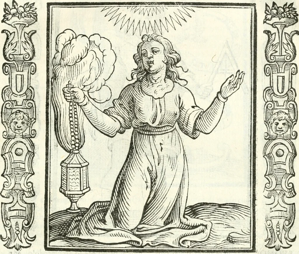 An illustration from Noua iconologia di Cesare Ripa perugino, caualier de SS. Mauritio & Lazzaro. Nella quale si descriuono diuerse imagini di virtù, vitij, affetti, passioni humane, arti, discipline, humori, elementi, corpi celesti, prouincie d'Italia, fiumi, tutte le parti del mondo, ed'altre infinite materie. Opera vtile ad oratori, predicatori, poeti, pittori, scultori, disegnatori, e ad'ogni studioso. Per inuentar concetti, emblemi, ed imprese, per diuisare qualsiuoglia apparato nuttiale, funerale, trionfale. Per rappresentar poemi drammatici, e per figurare co'suoi propij simboli ciò, che puo cadere in pensiero humano. Ampliata vltimamente dallo stesso auttore di trecento imagini, e arricchita di molti discorsi pieni di varia eruditione; con nuoui intagli, & con molti indici copiosi, 1618, leaf 434