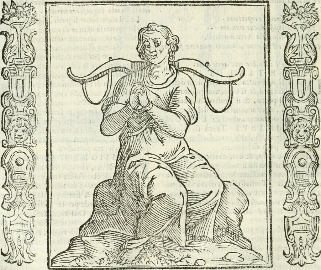 An illustration from Noua iconologia di Cesare Ripa perugino, caualier de SS. Mauritio & Lazzaro. Nella quale si descriuono diuerse imagini di virtù, vitij, affetti, passioni humane, arti, discipline, humori, elementi, corpi celesti, prouincie d'Italia, fiumi, tutte le parti del mondo, ed'altre infinite materie. Opera vtile ad oratori, predicatori, poeti, pittori, scultori, disegnatori, e ad'ogni studioso. Per inuentar concetti, emblemi, ed imprese, per diuisare qualsiuoglia apparato nuttiale, funerale, trionfale. Per rappresentar poemi drammatici, e per figurare co'suoi propij simboli ciò, che puo cadere in pensiero humano. Ampliata vltimamente dallo stesso auttore di trecento imagini, e arricchita di molti discorsi pieni di varia eruditione; con nuoui intagli, & con molti indici copiosi, 1618, leaf 449