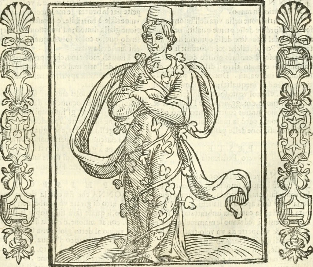 An illustration from Noua iconologia di Cesare Ripa perugino, caualier de SS. Mauritio & Lazzaro. Nella quale si descriuono diuerse imagini di virtù, vitij, affetti, passioni humane, arti, discipline, humori, elementi, corpi celesti, prouincie d'Italia, fiumi, tutte le parti del mondo, ed'altre infinite materie. Opera vtile ad oratori, predicatori, poeti, pittori, scultori, disegnatori, e ad'ogni studioso. Per inuentar concetti, emblemi, ed imprese, per diuisare qualsiuoglia apparato nuttiale, funerale, trionfale. Per rappresentar poemi drammatici, e per figurare co'suoi propij simboli ciò, che puo cadere in pensiero humano. Ampliata vltimamente dallo stesso auttore di trecento imagini, e arricchita di molti discorsi pieni di varia eruditione; con nuoui intagli, & con molti indici copiosi, 1618, leaf 460
