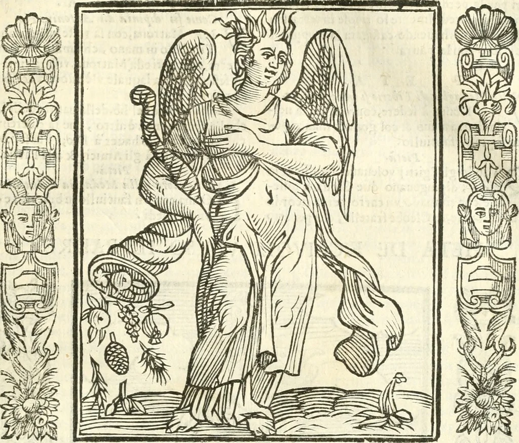 An illustration from Noua iconologia di Cesare Ripa perugino, caualier de SS. Mauritio & Lazzaro. Nella quale si descriuono diuerse imagini di virtù, vitij, affetti, passioni humane, arti, discipline, humori, elementi, corpi celesti, prouincie d'Italia, fiumi, tutte le parti del mondo, ed'altre infinite materie. Opera vtile ad oratori, predicatori, poeti, pittori, scultori, disegnatori, e ad'ogni studioso. Per inuentar concetti, emblemi, ed imprese, per diuisare qualsiuoglia apparato nuttiale, funerale, trionfale. Per rappresentar poemi drammatici, e per figurare co'suoi propij simboli ciò, che puo cadere in pensiero humano. Ampliata vltimamente dallo stesso auttore di trecento imagini, e arricchita di molti discorsi pieni di varia eruditione; con nuoui intagli, & con molti indici copiosi, 1618, leaf 464