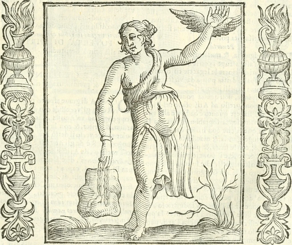 An illustration from Noua iconologia di Cesare Ripa perugino, caualier de SS. Mauritio & Lazzaro. Nella quale si descriuono diuerse imagini di virtù, vitij, affetti, passioni humane, arti, discipline, humori, elementi, corpi celesti, prouincie d'Italia, fiumi, tutte le parti del mondo, ed'altre infinite materie. Opera vtile ad oratori, predicatori, poeti, pittori, scultori, disegnatori, e ad'ogni studioso. Per inuentar concetti, emblemi, ed imprese, per diuisare qualsiuoglia apparato nuttiale, funerale, trionfale. Per rappresentar poemi drammatici, e per figurare co'suoi propij simboli ciò, che puo cadere in pensiero humano. Ampliata vltimamente dallo stesso auttore di trecento imagini, e arricchita di molti discorsi pieni di varia eruditione; con nuoui intagli, & con molti indici copiosi, 1618, leaf 470