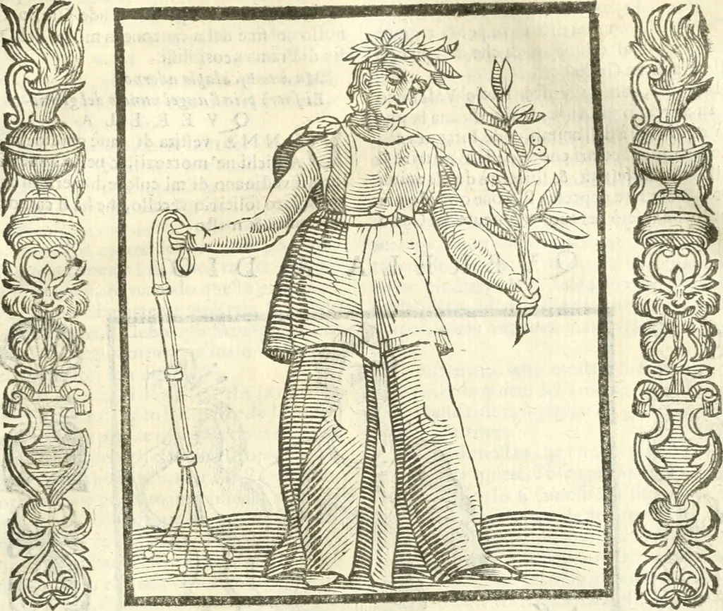 An illustration from Noua iconologia di Cesare Ripa perugino, caualier de SS. Mauritio & Lazzaro. Nella quale si descriuono diuerse imagini di virtù, vitij, affetti, passioni humane, arti, discipline, humori, elementi, corpi celesti, prouincie d'Italia, fiumi, tutte le parti del mondo, ed'altre infinite materie. Opera vtile ad oratori, predicatori, poeti, pittori, scultori, disegnatori, e ad'ogni studioso. Per inuentar concetti, emblemi, ed imprese, per diuisare qualsiuoglia apparato nuttiale, funerale, trionfale. Per rappresentar poemi drammatici, e per figurare co'suoi propij simboli ciò, che puo cadere in pensiero humano. Ampliata vltimamente dallo stesso auttore di trecento imagini, e arricchita di molti discorsi pieni di varia eruditione; con nuoui intagli, & con molti indici copiosi, 1618, leaf 484
