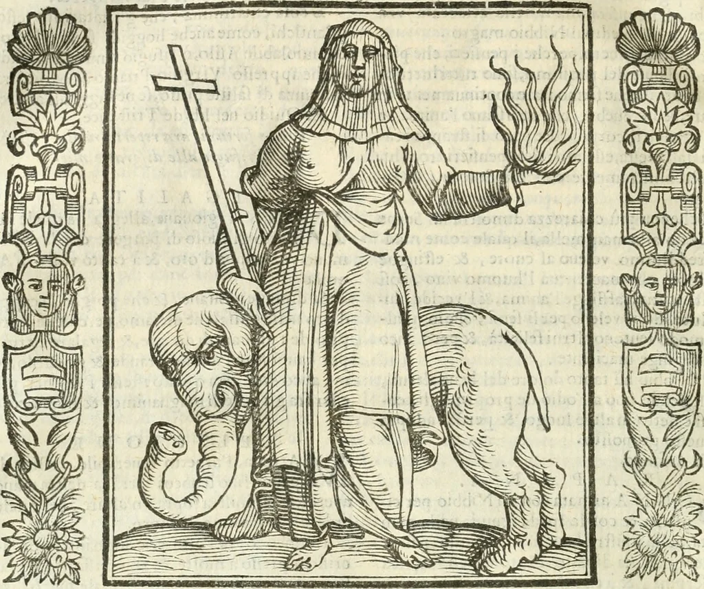 An illustration from Noua iconologia di Cesare Ripa perugino, caualier de SS. Mauritio & Lazzaro. Nella quale si descriuono diuerse imagini di virtù, vitij, affetti, passioni humane, arti, discipline, humori, elementi, corpi celesti, prouincie d'Italia, fiumi, tutte le parti del mondo, ed'altre infinite materie. Opera vtile ad oratori, predicatori, poeti, pittori, scultori, disegnatori, e ad'ogni studioso. Per inuentar concetti, emblemi, ed imprese, per diuisare qualsiuoglia apparato nuttiale, funerale, trionfale. Per rappresentar poemi drammatici, e per figurare co'suoi propij simboli ciò, che puo cadere in pensiero humano. Ampliata vltimamente dallo stesso auttore di trecento imagini, e arricchita di molti discorsi pieni di varia eruditione; con nuoui intagli, & con molti indici copiosi, 1618, leaf 491