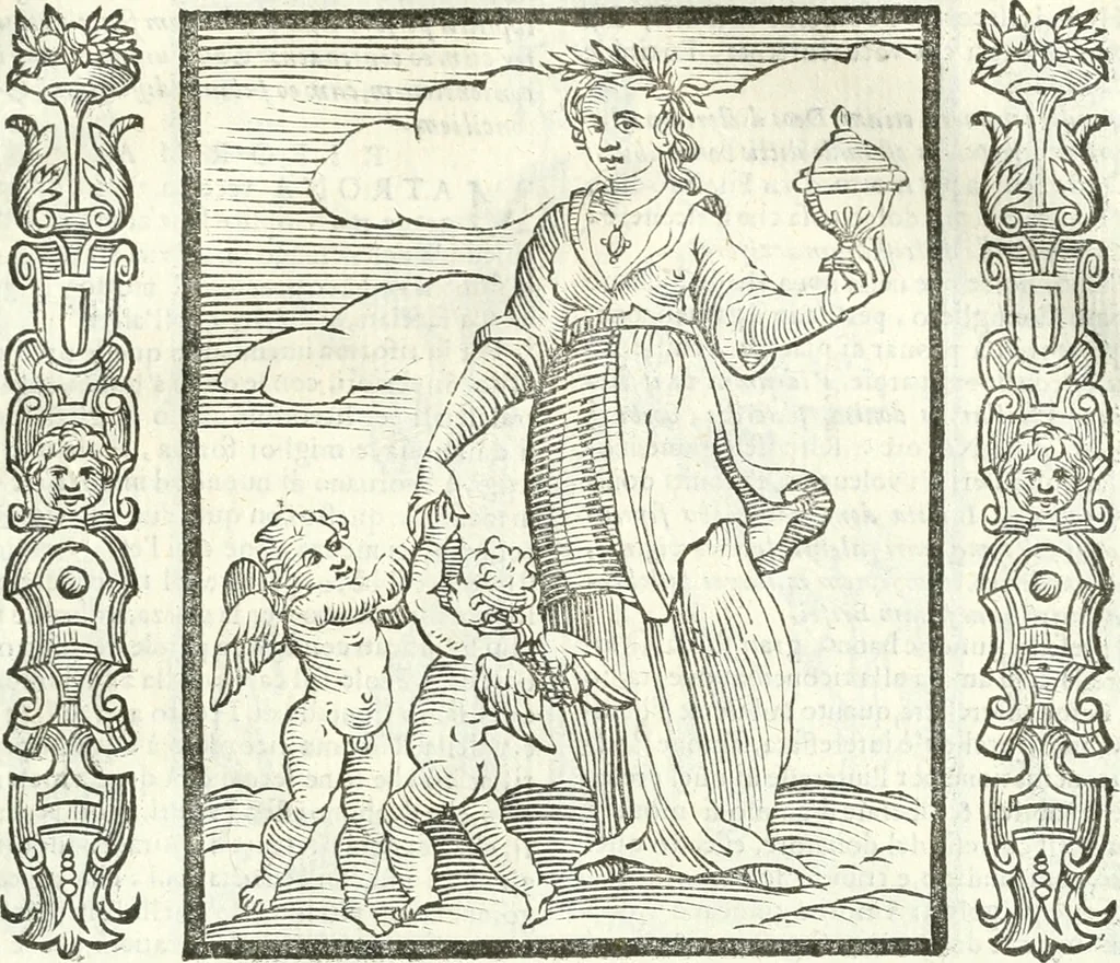 An illustration from Noua iconologia di Cesare Ripa perugino, caualier de SS. Mauritio & Lazzaro. Nella quale si descriuono diuerse imagini di virtù, vitij, affetti, passioni humane, arti, discipline, humori, elementi, corpi celesti, prouincie d'Italia, fiumi, tutte le parti del mondo, ed'altre infinite materie. Opera vtile ad oratori, predicatori, poeti, pittori, scultori, disegnatori, e ad'ogni studioso. Per inuentar concetti, emblemi, ed imprese, per diuisare qualsiuoglia apparato nuttiale, funerale, trionfale. Per rappresentar poemi drammatici, e per figurare co'suoi propij simboli ciò, che puo cadere in pensiero humano. Ampliata vltimamente dallo stesso auttore di trecento imagini, e arricchita di molti discorsi pieni di varia eruditione; con nuoui intagli, & con molti indici copiosi, 1618, leaf 496
