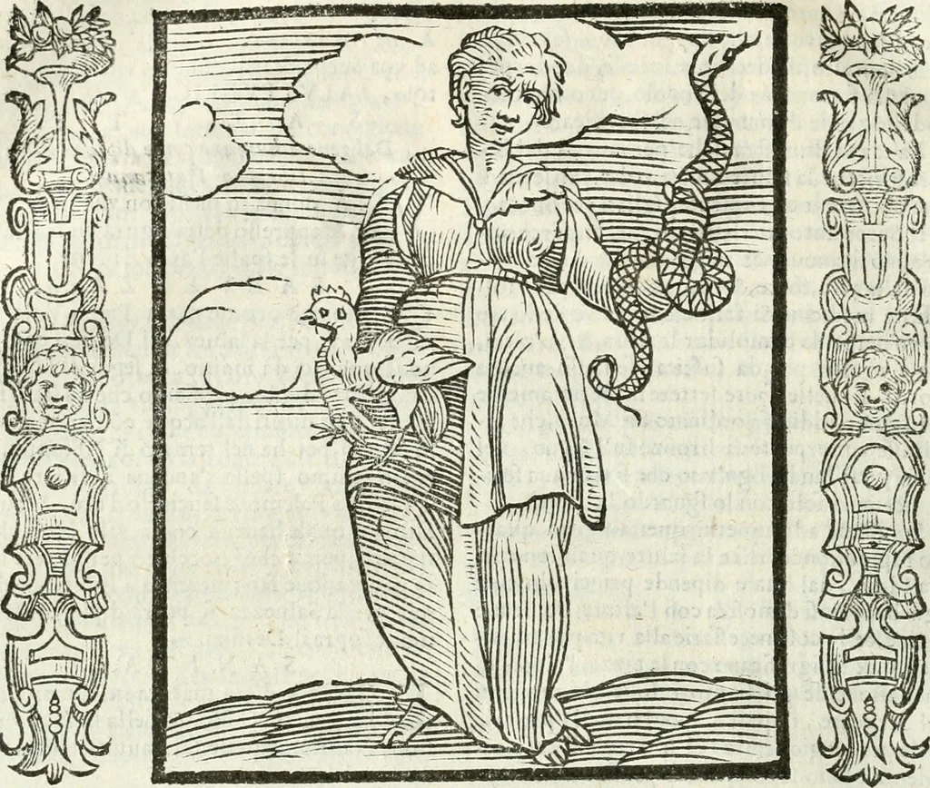 An illustration from Noua iconologia di Cesare Ripa perugino, caualier de SS. Mauritio & Lazzaro. Nella quale si descriuono diuerse imagini di virtù, vitij, affetti, passioni humane, arti, discipline, humori, elementi, corpi celesti, prouincie d'Italia, fiumi, tutte le parti del mondo, ed'altre infinite materie. Opera vtile ad oratori, predicatori, poeti, pittori, scultori, disegnatori, e ad'ogni studioso. Per inuentar concetti, emblemi, ed imprese, per diuisare qualsiuoglia apparato nuttiale, funerale, trionfale. Per rappresentar poemi drammatici, e per figurare co'suoi propij simboli ciò, che puo cadere in pensiero humano. Ampliata vltimamente dallo stesso auttore di trecento imagini, e arricchita di molti discorsi pieni di varia eruditione; con nuoui intagli, & con molti indici copiosi, 1618, leaf 505