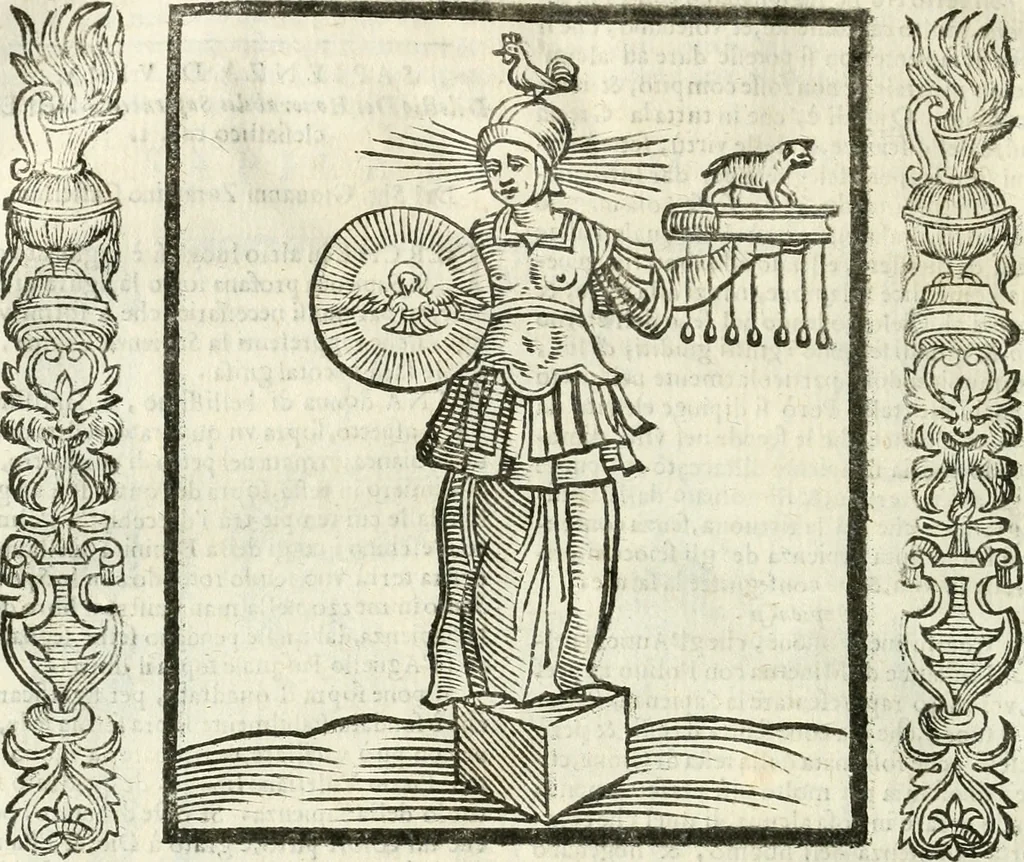 An illustration from Noua iconologia di Cesare Ripa perugino, caualier de SS. Mauritio & Lazzaro. Nella quale si descriuono diuerse imagini di virtù, vitij, affetti, passioni humane, arti, discipline, humori, elementi, corpi celesti, prouincie d'Italia, fiumi, tutte le parti del mondo, ed'altre infinite materie. Opera vtile ad oratori, predicatori, poeti, pittori, scultori, disegnatori, e ad'ogni studioso. Per inuentar concetti, emblemi, ed imprese, per diuisare qualsiuoglia apparato nuttiale, funerale, trionfale. Per rappresentar poemi drammatici, e per figurare co'suoi propij simboli ciò, che puo cadere in pensiero humano. Ampliata vltimamente dallo stesso auttore di trecento imagini, e arricchita di molti discorsi pieni di varia eruditione; con nuoui intagli, & con molti indici copiosi, 1618, leaf 509