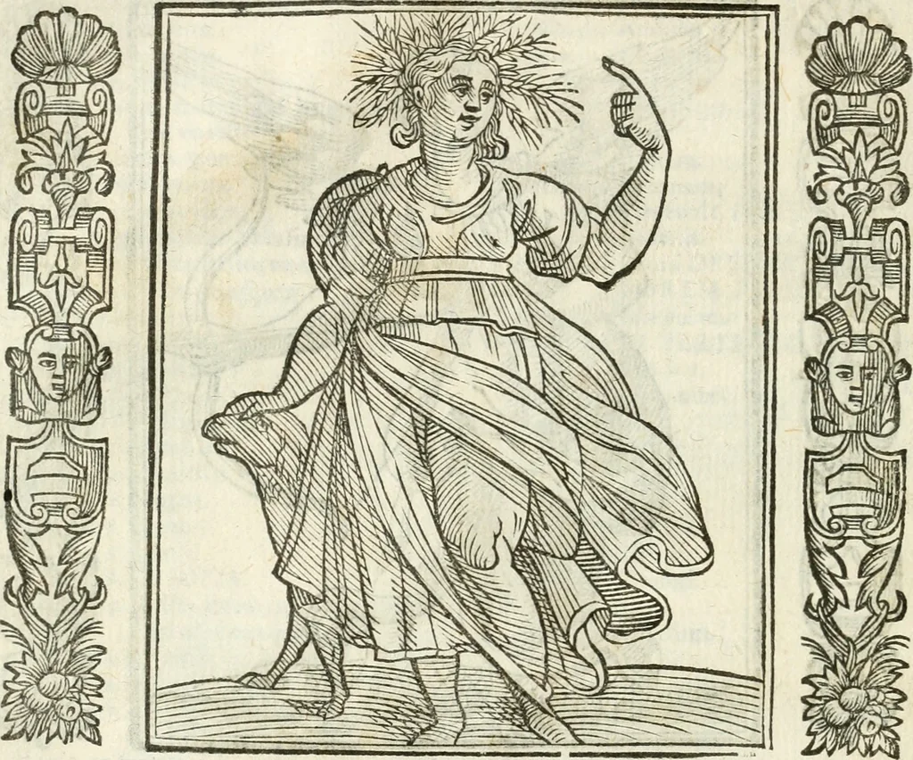 An illustration from Noua iconologia di Cesare Ripa perugino, caualier de SS. Mauritio & Lazzaro. Nella quale si descriuono diuerse imagini di virtù, vitij, affetti, passioni humane, arti, discipline, humori, elementi, corpi celesti, prouincie d'Italia, fiumi, tutte le parti del mondo, ed'altre infinite materie. Opera vtile ad oratori, predicatori, poeti, pittori, scultori, disegnatori, e ad'ogni studioso. Per inuentar concetti, emblemi, ed imprese, per diuisare qualsiuoglia apparato nuttiale, funerale, trionfale. Per rappresentar poemi drammatici, e per figurare co'suoi propij simboli ciò, che puo cadere in pensiero humano. Ampliata vltimamente dallo stesso auttore di trecento imagini, e arricchita di molti discorsi pieni di varia eruditione; con nuoui intagli, & con molti indici copiosi, 1618, leaf 51