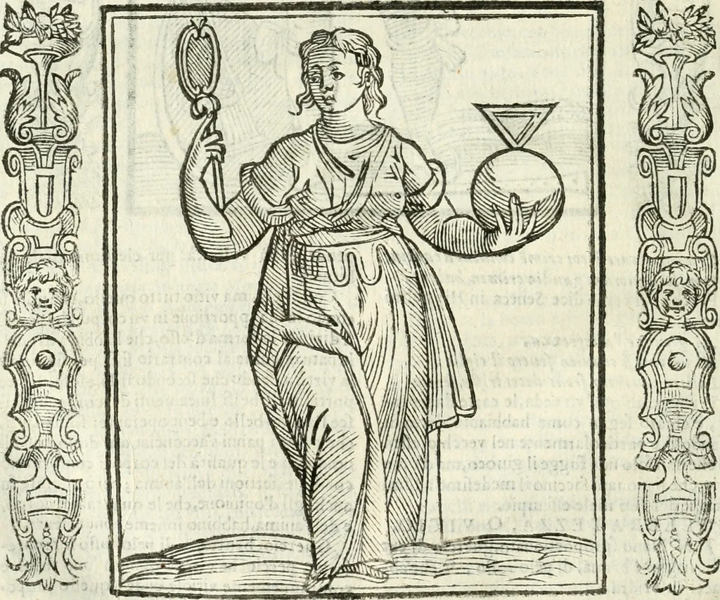 An illustration from Noua iconologia di Cesare Ripa perugino, caualier de SS. Mauritio & Lazzaro. Nella quale si descriuono diuerse imagini di virtù, vitij, affetti, passioni humane, arti, discipline, humori, elementi, corpi celesti, prouincie d'Italia, fiumi, tutte le parti del mondo, ed'altre infinite materie. Opera vtile ad oratori, predicatori, poeti, pittori, scultori, disegnatori, e ad'ogni studioso. Per inuentar concetti, emblemi, ed imprese, per diuisare qualsiuoglia apparato nuttiale, funerale, trionfale. Per rappresentar poemi drammatici, e per figurare co'suoi propij simboli ciò, che puo cadere in pensiero humano. Ampliata vltimamente dallo stesso auttore di trecento imagini, e arricchita di molti discorsi pieni di varia eruditione; con nuoui intagli, & con molti indici copiosi, 1618, leaf 513