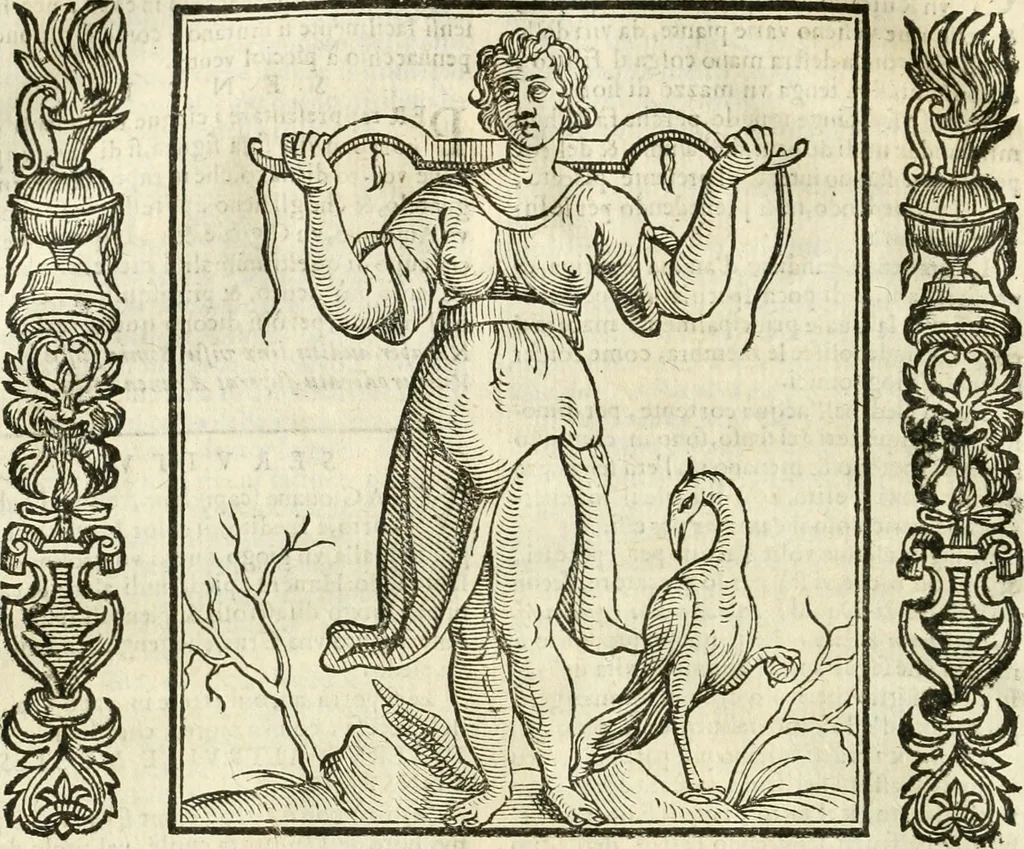 An illustration from Noua iconologia di Cesare Ripa perugino, caualier de SS. Mauritio & Lazzaro. Nella quale si descriuono diuerse imagini di virtù, vitij, affetti, passioni humane, arti, discipline, humori, elementi, corpi celesti, prouincie d'Italia, fiumi, tutte le parti del mondo, ed'altre infinite materie. Opera vtile ad oratori, predicatori, poeti, pittori, scultori, disegnatori, e ad'ogni studioso. Per inuentar concetti, emblemi, ed imprese, per diuisare qualsiuoglia apparato nuttiale, funerale, trionfale. Per rappresentar poemi drammatici, e per figurare co'suoi propij simboli ciò, che puo cadere in pensiero humano. Ampliata vltimamente dallo stesso auttore di trecento imagini, e arricchita di molti discorsi pieni di varia eruditione; con nuoui intagli, & con molti indici copiosi, 1618, leaf 525