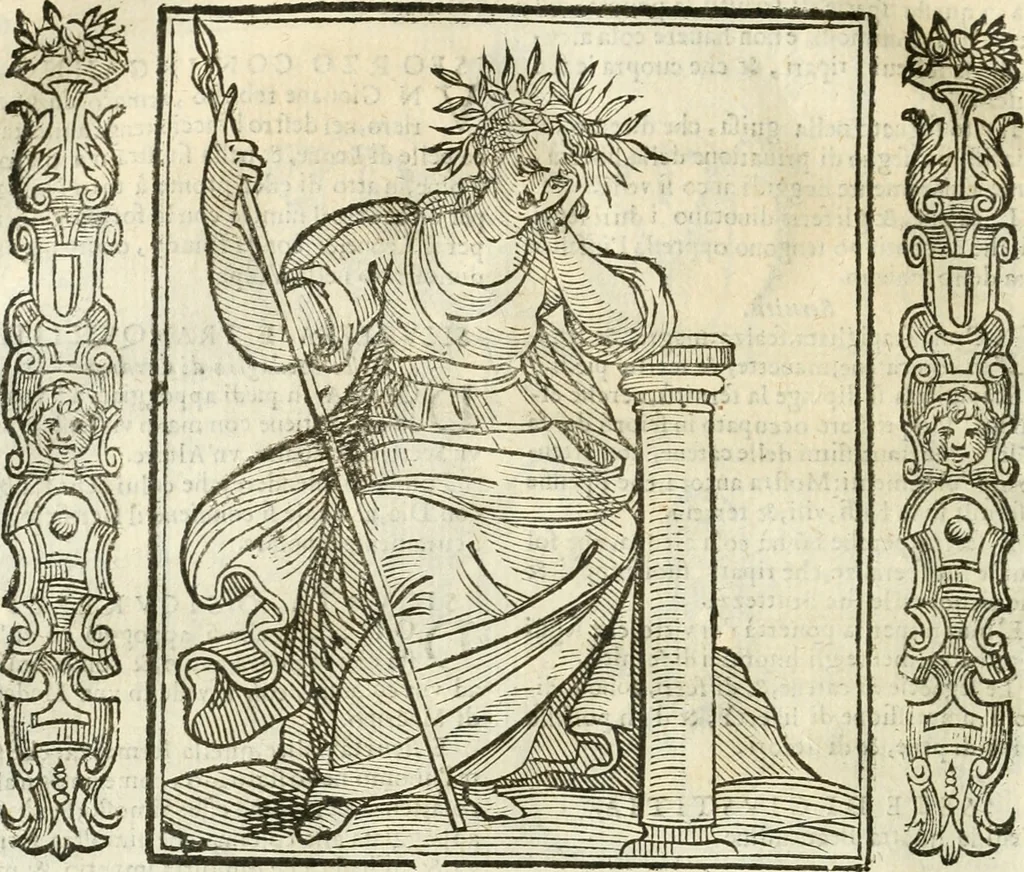 An illustration from Noua iconologia di Cesare Ripa perugino, caualier de SS. Mauritio & Lazzaro. Nella quale si descriuono diuerse imagini di virtù, vitij, affetti, passioni humane, arti, discipline, humori, elementi, corpi celesti, prouincie d'Italia, fiumi, tutte le parti del mondo, ed'altre infinite materie. Opera vtile ad oratori, predicatori, poeti, pittori, scultori, disegnatori, e ad'ogni studioso. Per inuentar concetti, emblemi, ed imprese, per diuisare qualsiuoglia apparato nuttiale, funerale, trionfale. Per rappresentar poemi drammatici, e per figurare co'suoi propij simboli ciò, che puo cadere in pensiero humano. Ampliata vltimamente dallo stesso auttore di trecento imagini, e arricchita di molti discorsi pieni di varia eruditione; con nuoui intagli, & con molti indici copiosi, 1618, leaf 527