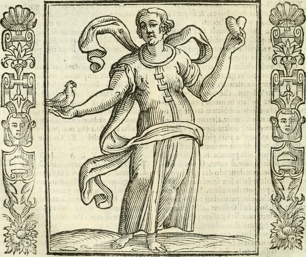 An illustration from Noua iconologia di Cesare Ripa perugino, caualier de SS. Mauritio & Lazzaro. Nella quale si descriuono diuerse imagini di virtù, vitij, affetti, passioni humane, arti, discipline, humori, elementi, corpi celesti, prouincie d'Italia, fiumi, tutte le parti del mondo, ed'altre infinite materie. Opera vtile ad oratori, predicatori, poeti, pittori, scultori, disegnatori, e ad'ogni studioso. Per inuentar concetti, emblemi, ed imprese, per diuisare qualsiuoglia apparato nuttiale, funerale, trionfale. Per rappresentar poemi drammatici, e per figurare co'suoi propij simboli ciò, che puo cadere in pensiero humano. Ampliata vltimamente dallo stesso auttore di trecento imagini, e arricchita di molti discorsi pieni di varia eruditione; con nuoui intagli, & con molti indici copiosi, 1618, leaf 529