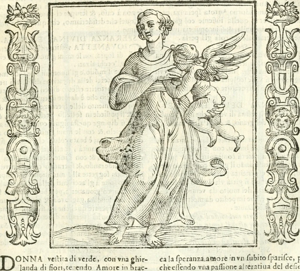 An illustration from Noua iconologia di Cesare Ripa perugino, caualier de SS. Mauritio & Lazzaro. Nella quale si descriuono diuerse imagini di virtù, vitij, affetti, passioni humane, arti, discipline, humori, elementi, corpi celesti, prouincie d'Italia, fiumi, tutte le parti del mondo, ed'altre infinite materie. Opera vtile ad oratori, predicatori, poeti, pittori, scultori, disegnatori, e ad'ogni studioso. Per inuentar concetti, emblemi, ed imprese, per diuisare qualsiuoglia apparato nuttiale, funerale, trionfale. Per rappresentar poemi drammatici, e per figurare co'suoi propij simboli ciò, che puo cadere in pensiero humano. Ampliata vltimamente dallo stesso auttore di trecento imagini, e arricchita di molti discorsi pieni di varia eruditione; con nuoui intagli, & con molti indici copiosi, 1618, leaf 542