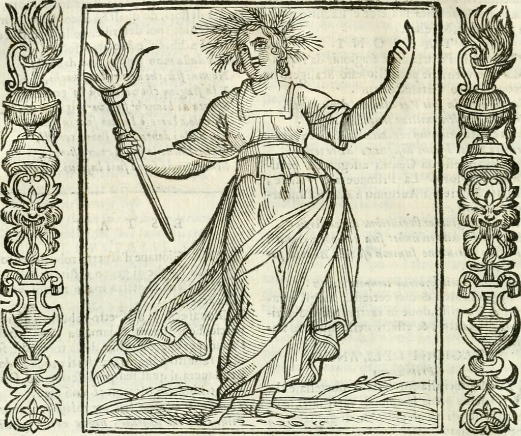 An illustration from Noua iconologia di Cesare Ripa perugino, caualier de SS. Mauritio & Lazzaro. Nella quale si descriuono diuerse imagini di virtù, vitij, affetti, passioni humane, arti, discipline, humori, elementi, corpi celesti, prouincie d'Italia, fiumi, tutte le parti del mondo, ed'altre infinite materie. Opera vtile ad oratori, predicatori, poeti, pittori, scultori, disegnatori, e ad'ogni studioso. Per inuentar concetti, emblemi, ed imprese, per diuisare qualsiuoglia apparato nuttiale, funerale, trionfale. Per rappresentar poemi drammatici, e per figurare co'suoi propij simboli ciò, che puo cadere in pensiero humano. Ampliata vltimamente dallo stesso auttore di trecento imagini, e arricchita di molti discorsi pieni di varia eruditione; con nuoui intagli, & con molti indici copiosi, 1618, leaf 551