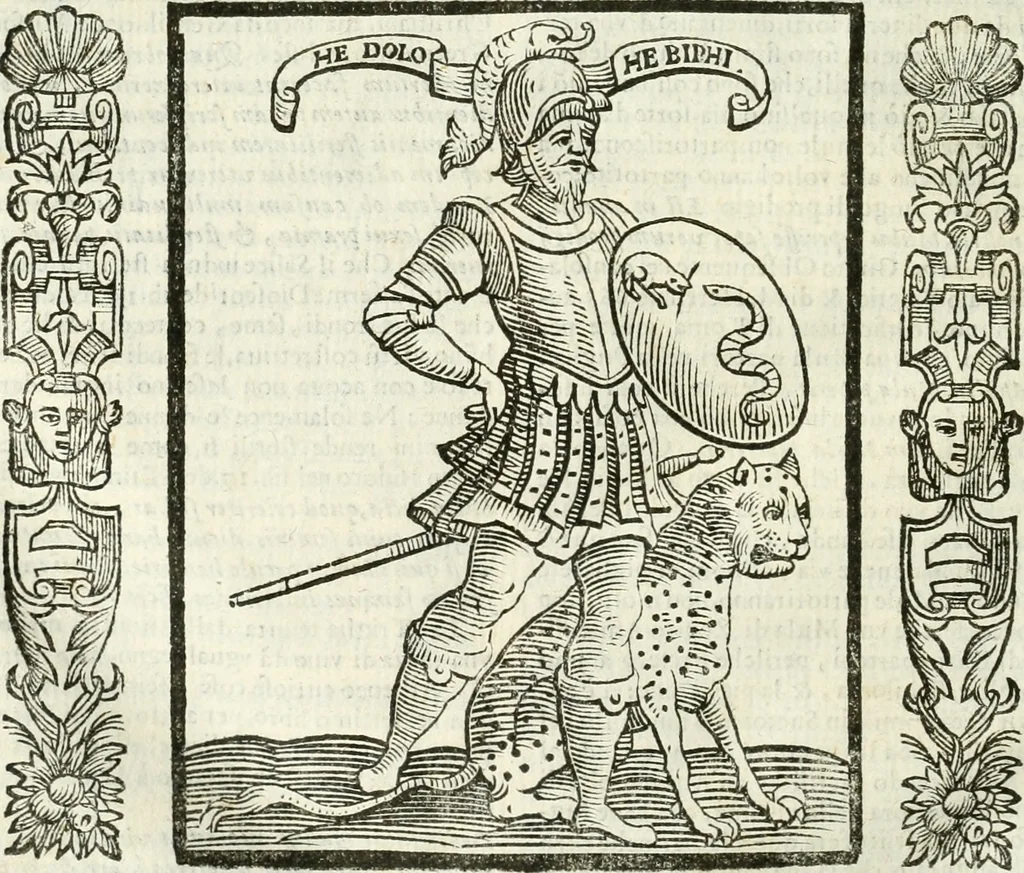 An illustration from Noua iconologia di Cesare Ripa perugino, caualier de SS. Mauritio & Lazzaro. Nella quale si descriuono diuerse imagini di virtù, vitij, affetti, passioni humane, arti, discipline, humori, elementi, corpi celesti, prouincie d'Italia, fiumi, tutte le parti del mondo, ed'altre infinite materie. Opera vtile ad oratori, predicatori, poeti, pittori, scultori, disegnatori, e ad'ogni studioso. Per inuentar concetti, emblemi, ed imprese, per diuisare qualsiuoglia apparato nuttiale, funerale, trionfale. Per rappresentar poemi drammatici, e per figurare co'suoi propij simboli ciò, che puo cadere in pensiero humano. Ampliata vltimamente dallo stesso auttore di trecento imagini, e arricchita di molti discorsi pieni di varia eruditione; con nuoui intagli, & con molti indici copiosi, 1618, leaf 555