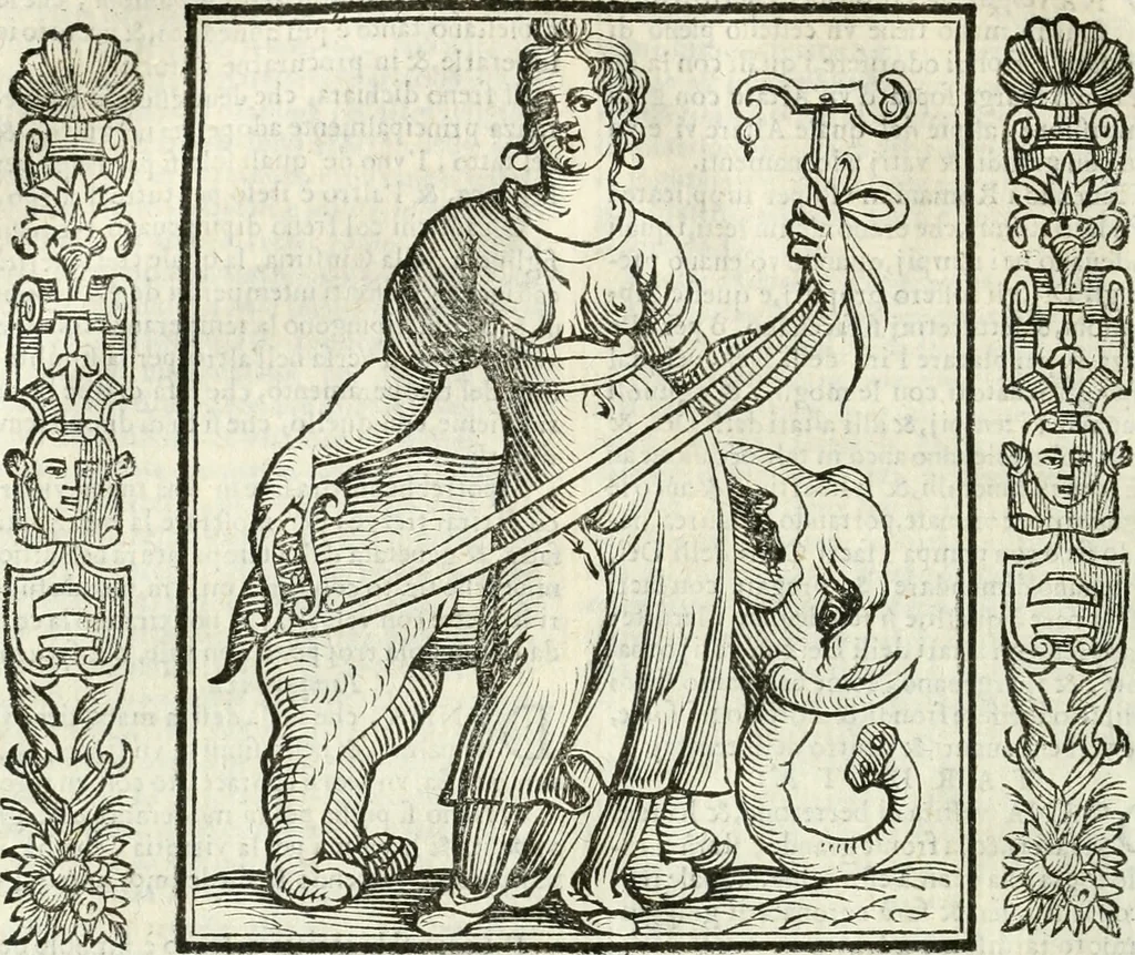 An illustration from Noua iconologia di Cesare Ripa perugino, caualier de SS. Mauritio & Lazzaro. Nella quale si descriuono diuerse imagini di virtù, vitij, affetti, passioni humane, arti, discipline, humori, elementi, corpi celesti, prouincie d'Italia, fiumi, tutte le parti del mondo, ed'altre infinite materie. Opera vtile ad oratori, predicatori, poeti, pittori, scultori, disegnatori, e ad'ogni studioso. Per inuentar concetti, emblemi, ed imprese, per diuisare qualsiuoglia apparato nuttiale, funerale, trionfale. Per rappresentar poemi drammatici, e per figurare co'suoi propij simboli ciò, che puo cadere in pensiero humano. Ampliata vltimamente dallo stesso auttore di trecento imagini, e arricchita di molti discorsi pieni di varia eruditione; con nuoui intagli, & con molti indici copiosi, 1618, leaf 571