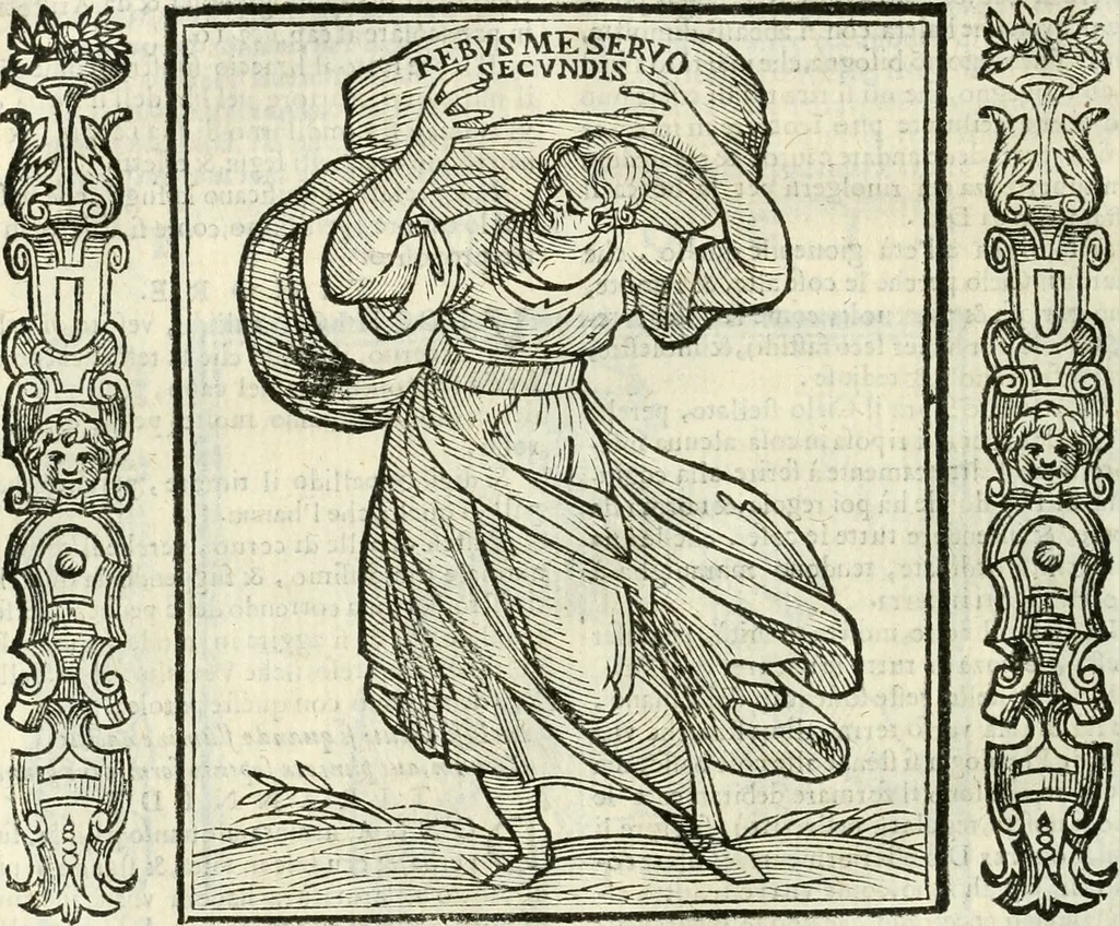 An illustration from Noua iconologia di Cesare Ripa perugino, caualier de SS. Mauritio & Lazzaro. Nella quale si descriuono diuerse imagini di virtù, vitij, affetti, passioni humane, arti, discipline, humori, elementi, corpi celesti, prouincie d'Italia, fiumi, tutte le parti del mondo, ed'altre infinite materie. Opera vtile ad oratori, predicatori, poeti, pittori, scultori, disegnatori, e ad'ogni studioso. Per inuentar concetti, emblemi, ed imprese, per diuisare qualsiuoglia apparato nuttiale, funerale, trionfale. Per rappresentar poemi drammatici, e per figurare co'suoi propij simboli ciò, che puo cadere in pensiero humano. Ampliata vltimamente dallo stesso auttore di trecento imagini, e arricchita di molti discorsi pieni di varia eruditione; con nuoui intagli, & con molti indici copiosi, 1618, leaf 577