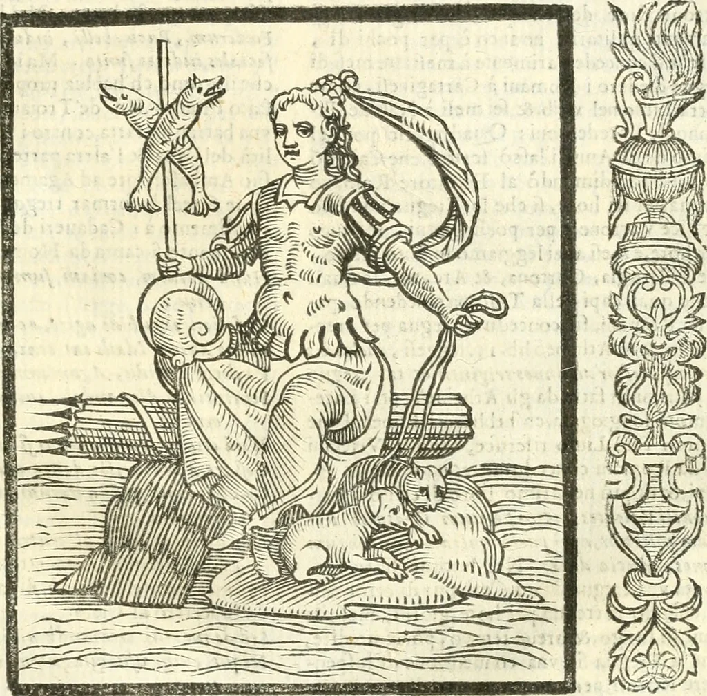An illustration from Noua iconologia di Cesare Ripa perugino, caualier de SS. Mauritio & Lazzaro. Nella quale si descriuono diuerse imagini di virtù, vitij, affetti, passioni humane, arti, discipline, humori, elementi, corpi celesti, prouincie d'Italia, fiumi, tutte le parti del mondo, ed'altre infinite materie. Opera vtile ad oratori, predicatori, poeti, pittori, scultori, disegnatori, e ad'ogni studioso. Per inuentar concetti, emblemi, ed imprese, per diuisare qualsiuoglia apparato nuttiale, funerale, trionfale. Per rappresentar poemi drammatici, e per figurare co'suoi propij simboli ciò, che puo cadere in pensiero humano. Ampliata vltimamente dallo stesso auttore di trecento imagini, e arricchita di molti discorsi pieni di varia eruditione; con nuoui intagli, & con molti indici copiosi, 1618, leaf 580