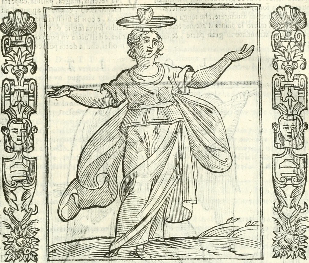 An illustration from Noua iconologia di Cesare Ripa perugino, caualier de SS. Mauritio & Lazzaro. Nella quale si descriuono diuerse imagini di virtù, vitij, affetti, passioni humane, arti, discipline, humori, elementi, corpi celesti, prouincie d'Italia, fiumi, tutte le parti del mondo, ed'altre infinite materie. Opera vtile ad oratori, predicatori, poeti, pittori, scultori, disegnatori, e ad'ogni studioso. Per inuentar concetti, emblemi, ed imprese, per diuisare qualsiuoglia apparato nuttiale, funerale, trionfale. Per rappresentar poemi drammatici, e per figurare co'suoi propij simboli ciò, che puo cadere in pensiero humano. Ampliata vltimamente dallo stesso auttore di trecento imagini, e arricchita di molti discorsi pieni di varia eruditione; con nuoui intagli, & con molti indici copiosi, 1618, leaf 592