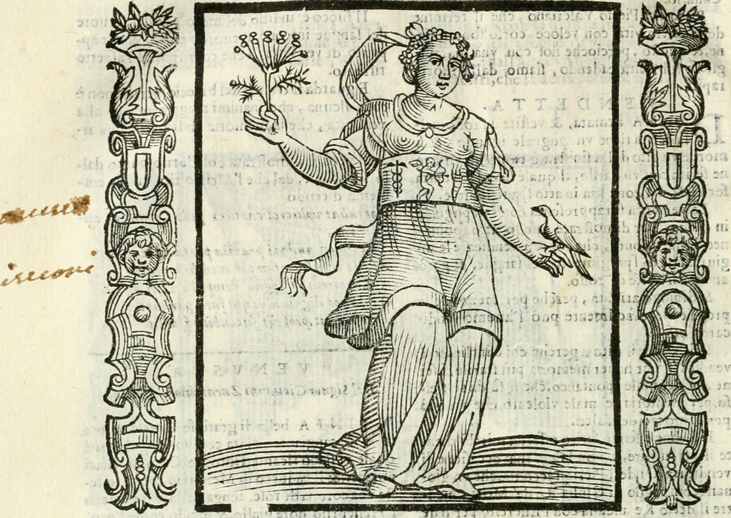 An illustration from Noua iconologia di Cesare Ripa perugino, caualier de SS. Mauritio & Lazzaro. Nella quale si descriuono diuerse imagini di virtù, vitij, affetti, passioni humane, arti, discipline, humori, elementi, corpi celesti, prouincie d'Italia, fiumi, tutte le parti del mondo, ed'altre infinite materie. Opera vtile ad oratori, predicatori, poeti, pittori, scultori, disegnatori, e ad'ogni studioso. Per inuentar concetti, emblemi, ed imprese, per diuisare qualsiuoglia apparato nuttiale, funerale, trionfale. Per rappresentar poemi drammatici, e per figurare co'suoi propij simboli ciò, che puo cadere in pensiero humano. Ampliata vltimamente dallo stesso auttore di trecento imagini, e arricchita di molti discorsi pieni di varia eruditione; con nuoui intagli, & con molti indici copiosi, 1618, leaf 595