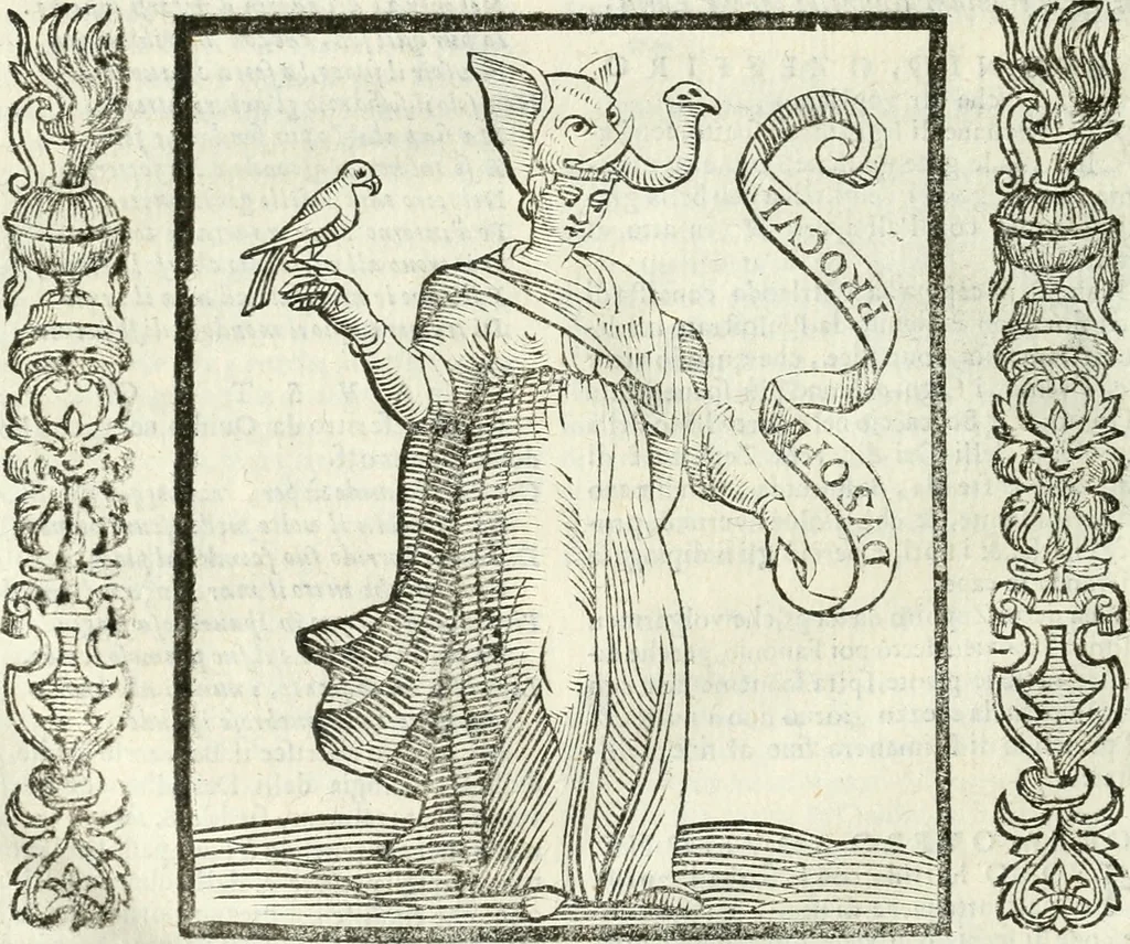 An illustration from Noua iconologia di Cesare Ripa perugino, caualier de SS. Mauritio & Lazzaro. Nella quale si descriuono diuerse imagini di virtù, vitij, affetti, passioni humane, arti, discipline, humori, elementi, corpi celesti, prouincie d'Italia, fiumi, tutte le parti del mondo, ed'altre infinite materie. Opera vtile ad oratori, predicatori, poeti, pittori, scultori, disegnatori, e ad'ogni studioso. Per inuentar concetti, emblemi, ed imprese, per diuisare qualsiuoglia apparato nuttiale, funerale, trionfale. Per rappresentar poemi drammatici, e per figurare co'suoi propij simboli ciò, che puo cadere in pensiero humano. Ampliata vltimamente dallo stesso auttore di trecento imagini, e arricchita di molti discorsi pieni di varia eruditione; con nuoui intagli, & con molti indici copiosi, 1618, leaf 605