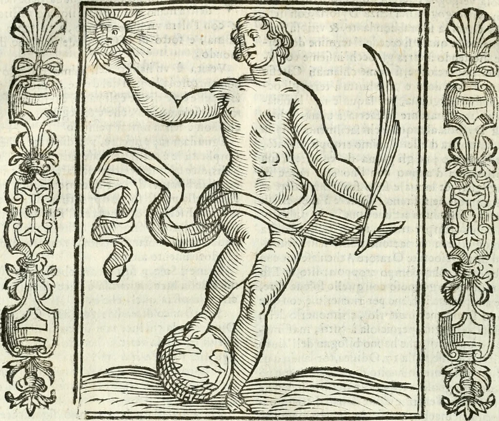 An illustration from Noua iconologia di Cesare Ripa perugino, caualier de SS. Mauritio & Lazzaro. Nella quale si descriuono diuerse imagini di virtù, vitij, affetti, passioni humane, arti, discipline, humori, elementi, corpi celesti, prouincie d'Italia, fiumi, tutte le parti del mondo, ed'altre infinite materie. Opera vtile ad oratori, predicatori, poeti, pittori, scultori, disegnatori, e ad'ogni studioso. Per inuentar concetti, emblemi, ed imprese, per diuisare qualsiuoglia apparato nuttiale, funerale, trionfale. Per rappresentar poemi drammatici, e per figurare co'suoi propij simboli ciò, che puo cadere in pensiero humano. Ampliata vltimamente dallo stesso auttore di trecento imagini, e arricchita di molti discorsi pieni di varia eruditione; con nuoui intagli, & con molti indici copiosi, 1618, leaf 609