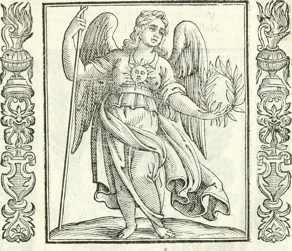 An illustration from Noua iconologia di Cesare Ripa perugino, caualier de SS. Mauritio & Lazzaro. Nella quale si descriuono diuerse imagini di virtù, vitij, affetti, passioni humane, arti, discipline, humori, elementi, corpi celesti, prouincie d'Italia, fiumi, tutte le parti del mondo, ed'altre infinite materie. Opera vtile ad oratori, predicatori, poeti, pittori, scultori, disegnatori, e ad'ogni studioso. Per inuentar concetti, emblemi, ed imprese, per diuisare qualsiuoglia apparato nuttiale, funerale, trionfale. Per rappresentar poemi drammatici, e per figurare co'suoi propij simboli ciò, che puo cadere in pensiero humano. Ampliata vltimamente dallo stesso auttore di trecento imagini, e arricchita di molti discorsi pieni di varia eruditione; con nuoui intagli, & con molti indici copiosi, 1618, leaf 616