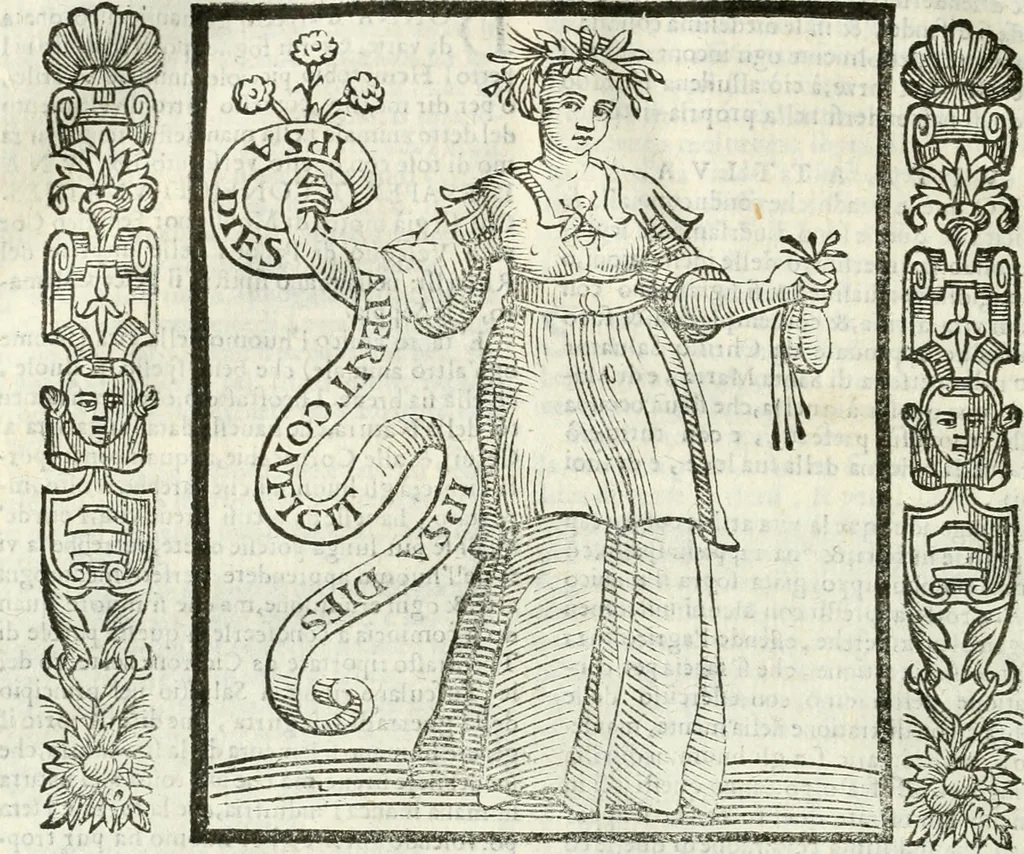 An illustration from Noua iconologia di Cesare Ripa perugino, caualier de SS. Mauritio & Lazzaro. Nella quale si descriuono diuerse imagini di virtù, vitij, affetti, passioni humane, arti, discipline, humori, elementi, corpi celesti, prouincie d'Italia, fiumi, tutte le parti del mondo, ed'altre infinite materie. Opera vtile ad oratori, predicatori, poeti, pittori, scultori, disegnatori, e ad'ogni studioso. Per inuentar concetti, emblemi, ed imprese, per diuisare qualsiuoglia apparato nuttiale, funerale, trionfale. Per rappresentar poemi drammatici, e per figurare co'suoi propij simboli ciò, che puo cadere in pensiero humano. Ampliata vltimamente dallo stesso auttore di trecento imagini, e arricchita di molti discorsi pieni di varia eruditione; con nuoui intagli, & con molti indici copiosi, 1618, leaf 621