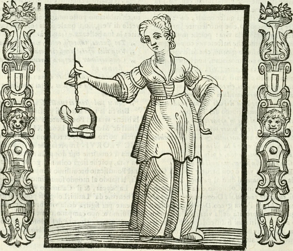 An illustration from Noua iconologia di Cesare Ripa perugino, caualier de SS. Mauritio & Lazzaro. Nella quale si descriuono diuerse imagini di virtù, vitij, affetti, passioni humane, arti, discipline, humori, elementi, corpi celesti, prouincie d'Italia, fiumi, tutte le parti del mondo, ed'altre infinite materie. Opera vtile ad oratori, predicatori, poeti, pittori, scultori, disegnatori, e ad'ogni studioso. Per inuentar concetti, emblemi, ed imprese, per diuisare qualsiuoglia apparato nuttiale, funerale, trionfale. Per rappresentar poemi drammatici, e per figurare co'suoi propij simboli ciò, che puo cadere in pensiero humano. Ampliata vltimamente dallo stesso auttore di trecento imagini, e arricchita di molti discorsi pieni di varia eruditione; con nuoui intagli, & con molti indici copiosi, 1618, leaf 623