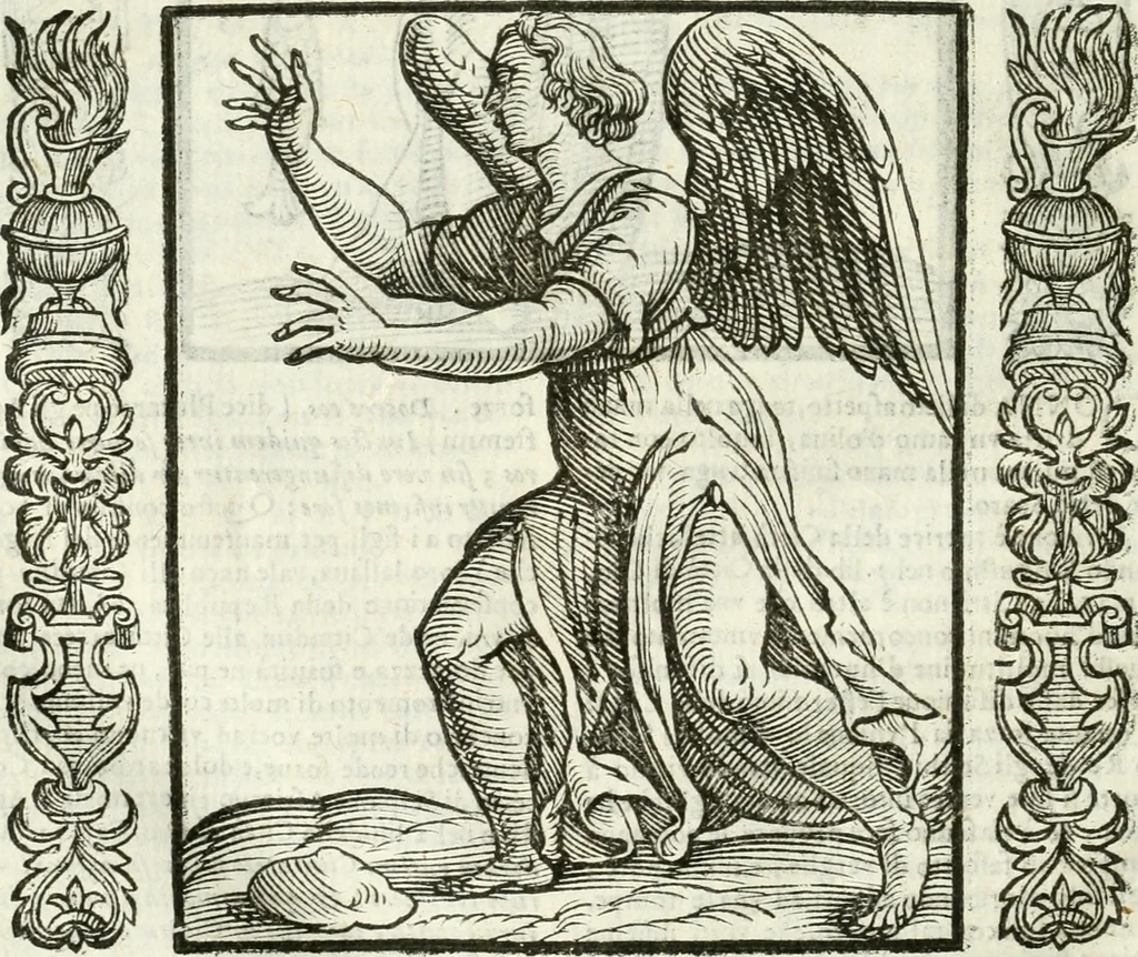An illustration from Noua iconologia di Cesare Ripa perugino, caualier de SS. Mauritio & Lazzaro. Nella quale si descriuono diuerse imagini di virtù, vitij, affetti, passioni humane, arti, discipline, humori, elementi, corpi celesti, prouincie d'Italia, fiumi, tutte le parti del mondo, ed'altre infinite materie. Opera vtile ad oratori, predicatori, poeti, pittori, scultori, disegnatori, e ad'ogni studioso. Per inuentar concetti, emblemi, ed imprese, per diuisare qualsiuoglia apparato nuttiale, funerale, trionfale. Per rappresentar poemi drammatici, e per figurare co'suoi propij simboli ciò, che puo cadere in pensiero humano. Ampliata vltimamente dallo stesso auttore di trecento imagini, e arricchita di molti discorsi pieni di varia eruditione; con nuoui intagli, & con molti indici copiosi, 1618, leaf 629