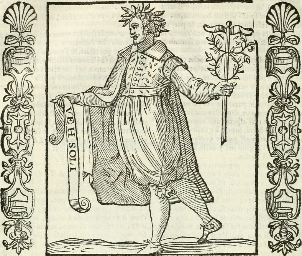An illustration from Noua iconologia di Cesare Ripa perugino, caualier de SS. Mauritio & Lazzaro. Nella quale si descriuono diuerse imagini di virtù, vitij, affetti, passioni humane, arti, discipline, humori, elementi, corpi celesti, prouincie d'Italia, fiumi, tutte le parti del mondo, ed'altre infinite materie. Opera vtile ad oratori, predicatori, poeti, pittori, scultori, disegnatori, e ad'ogni studioso. Per inuentar concetti, emblemi, ed imprese, per diuisare qualsiuoglia apparato nuttiale, funerale, trionfale. Per rappresentar poemi drammatici, e per figurare co'suoi propij simboli ciò, che puo cadere in pensiero humano. Ampliata vltimamente dallo stesso auttore di trecento imagini, e arricchita di molti discorsi pieni di varia eruditione; con nuoui intagli, & con molti indici copiosi, 1618, leaf 639