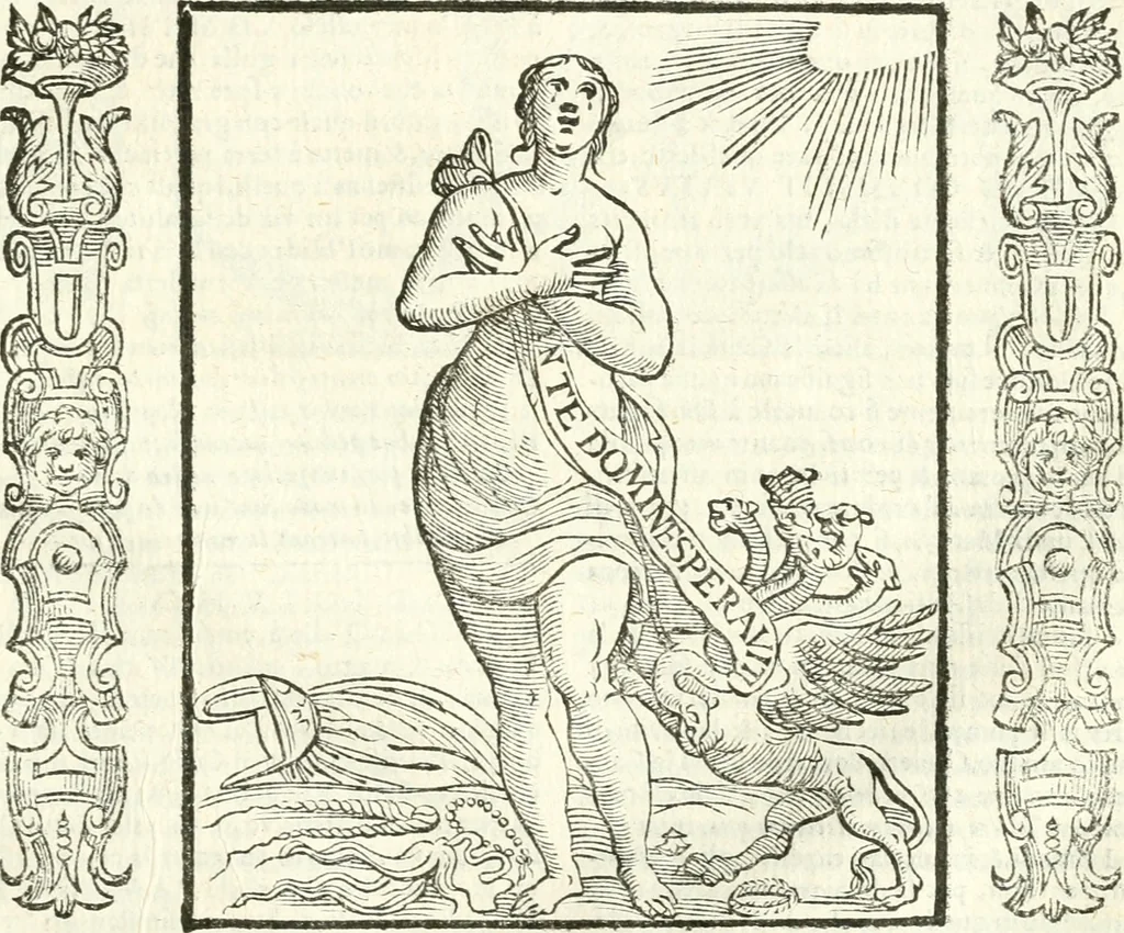 An illustration from Noua iconologia di Cesare Ripa perugino, caualier de SS. Mauritio & Lazzaro. Nella quale si descriuono diuerse imagini di virtù, vitij, affetti, passioni humane, arti, discipline, humori, elementi, corpi celesti, prouincie d'Italia, fiumi, tutte le parti del mondo, ed'altre infinite materie. Opera vtile ad oratori, predicatori, poeti, pittori, scultori, disegnatori, e ad'ogni studioso. Per inuentar concetti, emblemi, ed imprese, per diuisare qualsiuoglia apparato nuttiale, funerale, trionfale. Per rappresentar poemi drammatici, e per figurare co'suoi propij simboli ciò, che puo cadere in pensiero humano. Ampliata vltimamente dallo stesso auttore di trecento imagini, e arricchita di molti discorsi pieni di varia eruditione; con nuoui intagli, & con molti indici copiosi, 1618, leaf 640
