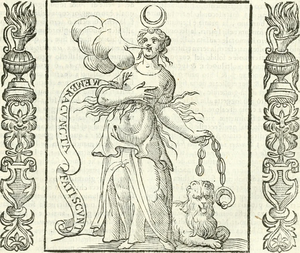 An illustration from Noua iconologia di Cesare Ripa perugino, caualier de SS. Mauritio & Lazzaro. Nella quale si descriuono diuerse imagini di virtù, vitij, affetti, passioni humane, arti, discipline, humori, elementi, corpi celesti, prouincie d'Italia, fiumi, tutte le parti del mondo, ed'altre infinite materie. Opera vtile ad oratori, predicatori, poeti, pittori, scultori, disegnatori, e ad'ogni studioso. Per inuentar concetti, emblemi, ed imprese, per diuisare qualsiuoglia apparato nuttiale, funerale, trionfale. Per rappresentar poemi drammatici, e per figurare co'suoi propij simboli ciò, che puo cadere in pensiero humano. Ampliata vltimamente dallo stesso auttore di trecento imagini, e arricchita di molti discorsi pieni di varia eruditione; con nuoui intagli, & con molti indici copiosi, 1618, leaf 648