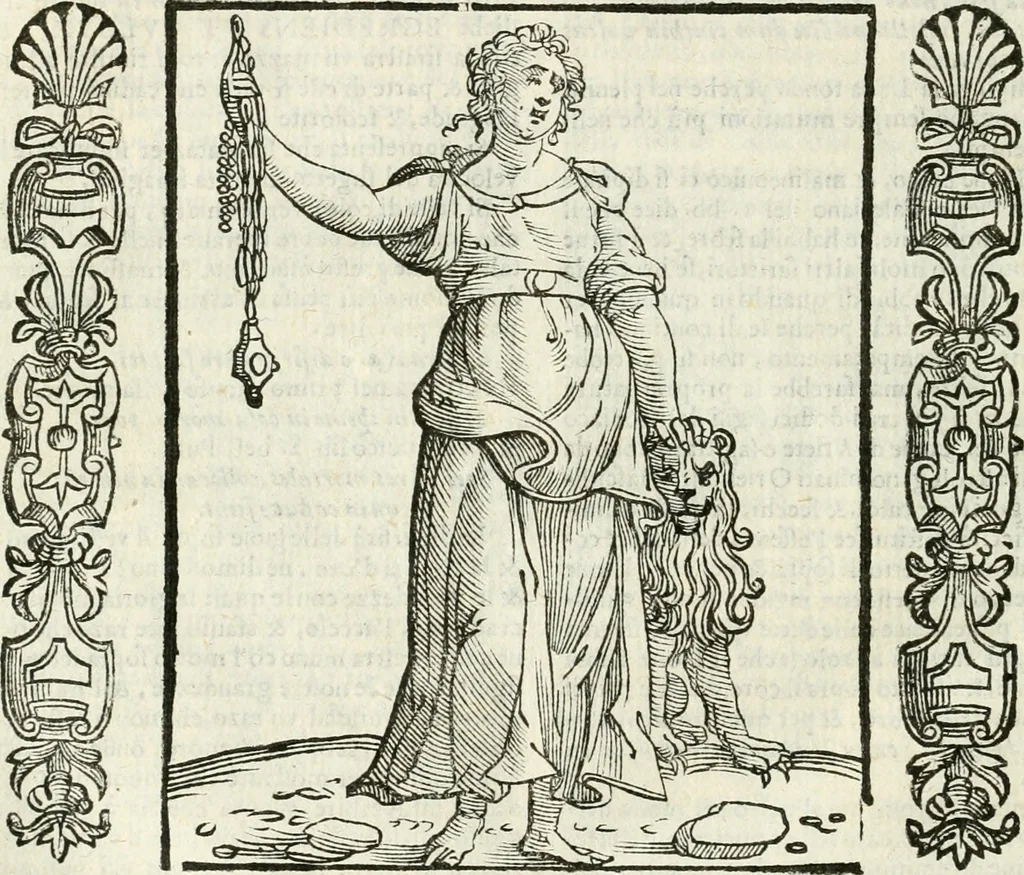An illustration from Noua iconologia di Cesare Ripa perugino, caualier de SS. Mauritio & Lazzaro. Nella quale si descriuono diuerse imagini di virtù, vitij, affetti, passioni humane, arti, discipline, humori, elementi, corpi celesti, prouincie d'Italia, fiumi, tutte le parti del mondo, ed'altre infinite materie. Opera vtile ad oratori, predicatori, poeti, pittori, scultori, disegnatori, e ad'ogni studioso. Per inuentar concetti, emblemi, ed imprese, per diuisare qualsiuoglia apparato nuttiale, funerale, trionfale. Per rappresentar poemi drammatici, e per figurare co'suoi propij simboli ciò, che puo cadere in pensiero humano. Ampliata vltimamente dallo stesso auttore di trecento imagini, e arricchita di molti discorsi pieni di varia eruditione; con nuoui intagli, & con molti indici copiosi, 1618, leaf 651
