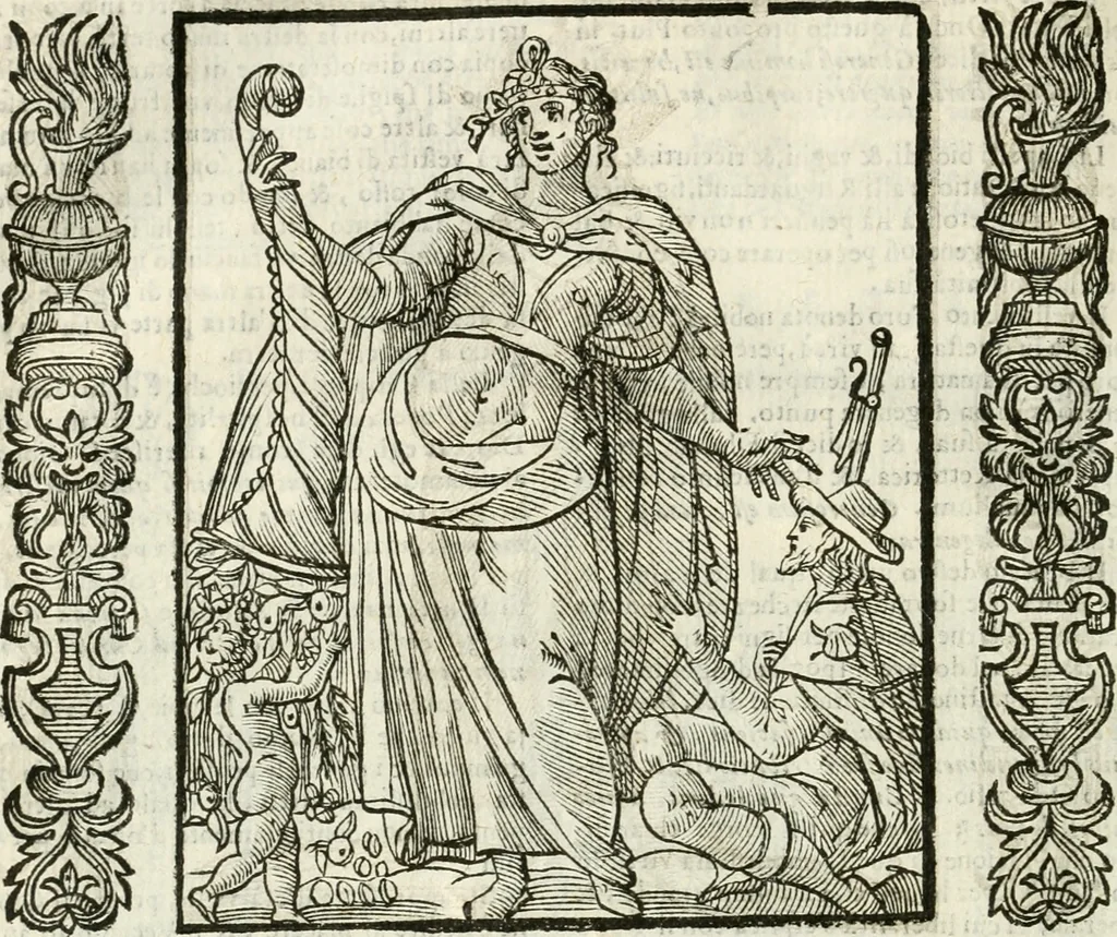 An illustration from Noua iconologia di Cesare Ripa perugino, caualier de SS. Mauritio & Lazzaro. Nella quale si descriuono diuerse imagini di virtù, vitij, affetti, passioni humane, arti, discipline, humori, elementi, corpi celesti, prouincie d'Italia, fiumi, tutte le parti del mondo, ed'altre infinite materie. Opera vtile ad oratori, predicatori, poeti, pittori, scultori, disegnatori, e ad'ogni studioso. Per inuentar concetti, emblemi, ed imprese, per diuisare qualsiuoglia apparato nuttiale, funerale, trionfale. Per rappresentar poemi drammatici, e per figurare co'suoi propij simboli ciò, che puo cadere in pensiero humano. Ampliata vltimamente dallo stesso auttore di trecento imagini, e arricchita di molti discorsi pieni di varia eruditione; con nuoui intagli, & con molti indici copiosi, 1618, leaf 653