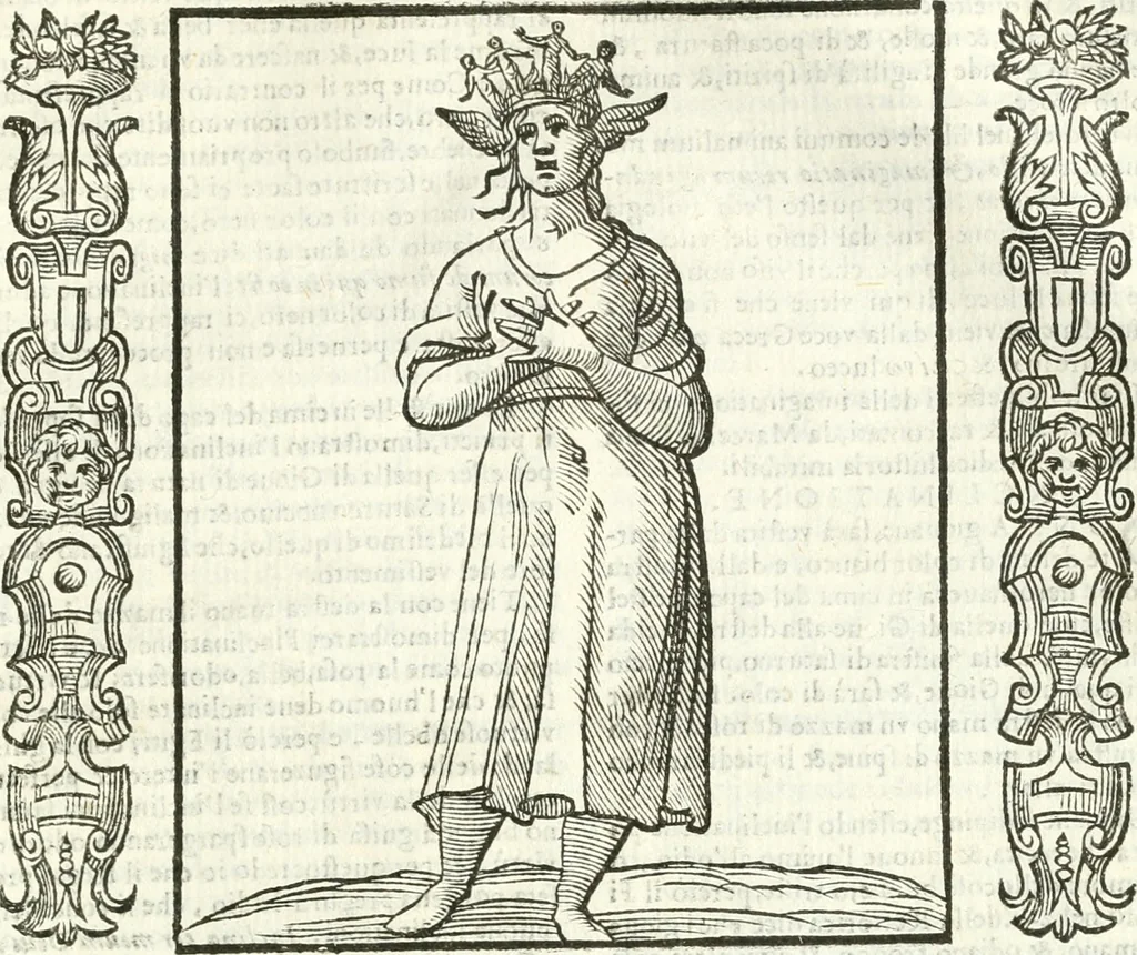 An illustration from Noua iconologia di Cesare Ripa perugino, caualier de SS. Mauritio & Lazzaro. Nella quale si descriuono diuerse imagini di virtù, vitij, affetti, passioni humane, arti, discipline, humori, elementi, corpi celesti, prouincie d'Italia, fiumi, tutte le parti del mondo, ed'altre infinite materie. Opera vtile ad oratori, predicatori, poeti, pittori, scultori, disegnatori, e ad'ogni studioso. Per inuentar concetti, emblemi, ed imprese, per diuisare qualsiuoglia apparato nuttiale, funerale, trionfale. Per rappresentar poemi drammatici, e per figurare co'suoi propij simboli ciò, che puo cadere in pensiero humano. Ampliata vltimamente dallo stesso auttore di trecento imagini, e arricchita di molti discorsi pieni di varia eruditione; con nuoui intagli, & con molti indici copiosi, 1618, leaf 654